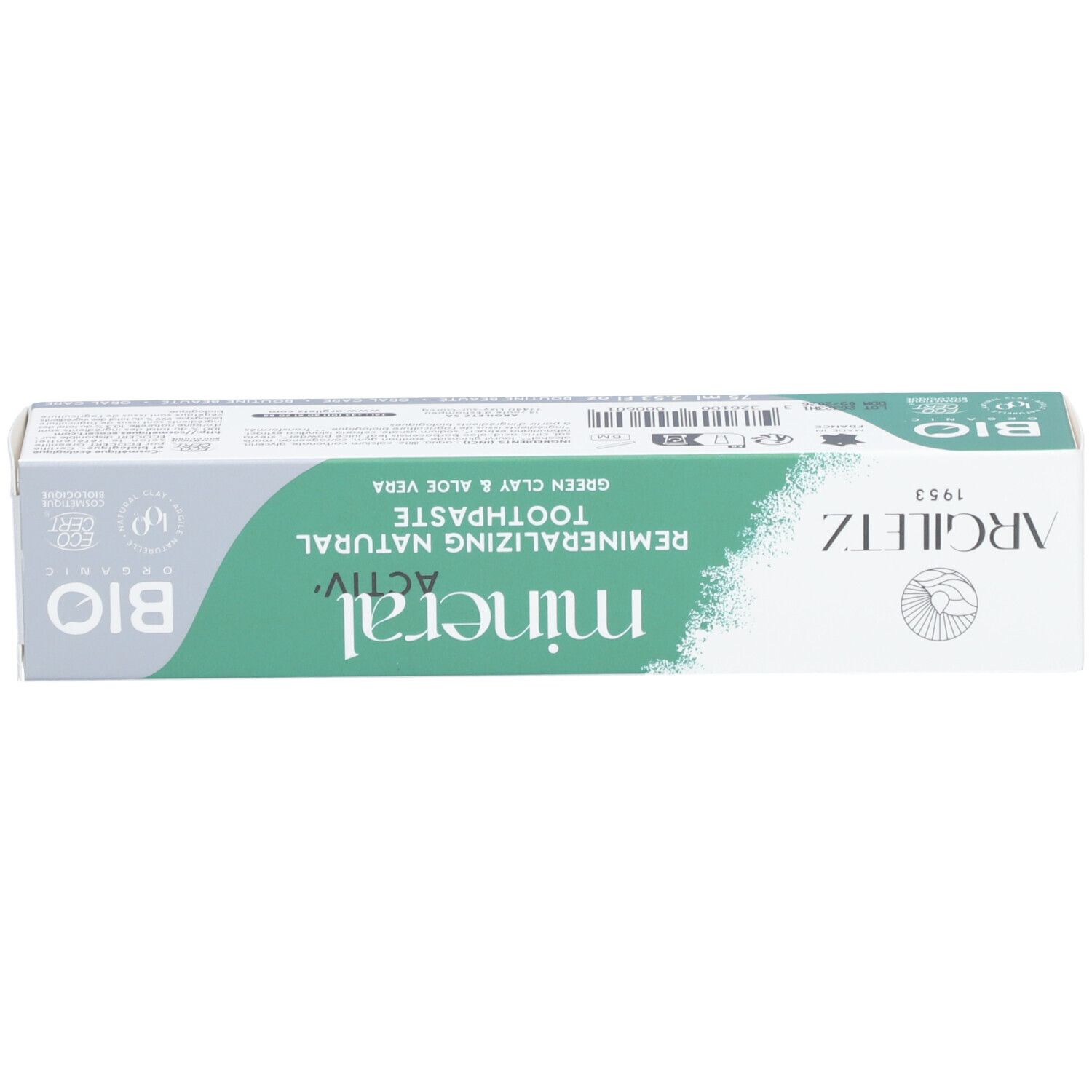 Zahncreme-Schachtel. Aufschrift: mineral activ, Remineralisierendes Natur-Zahnpasta, Argile Verte & Aloe Vera. Bio-Siegel.