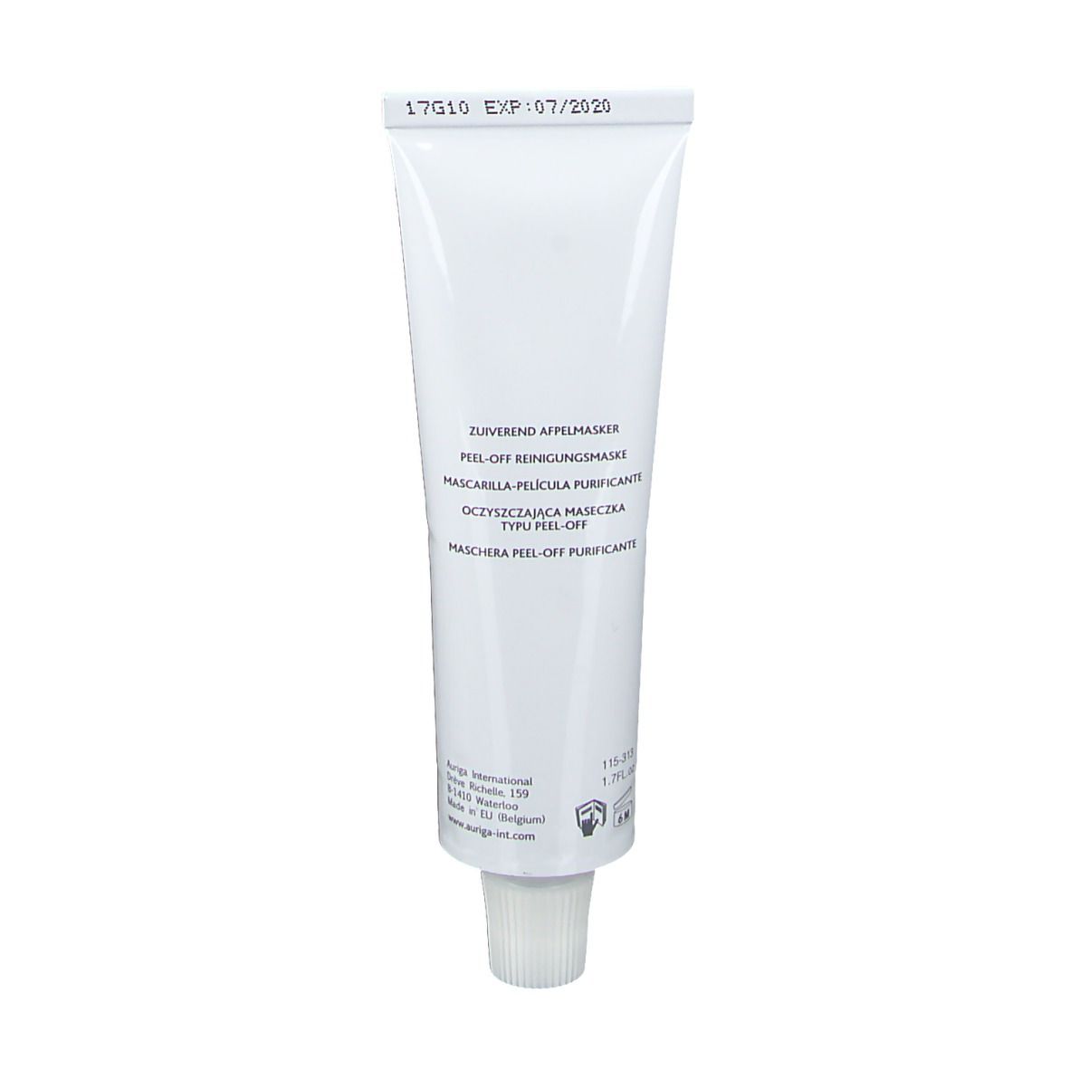 Rückseite einer weißen Tube. Text: Zuiverend appelmasker, Mascarilla pelicula purificante, Maschera peel-off purificante.