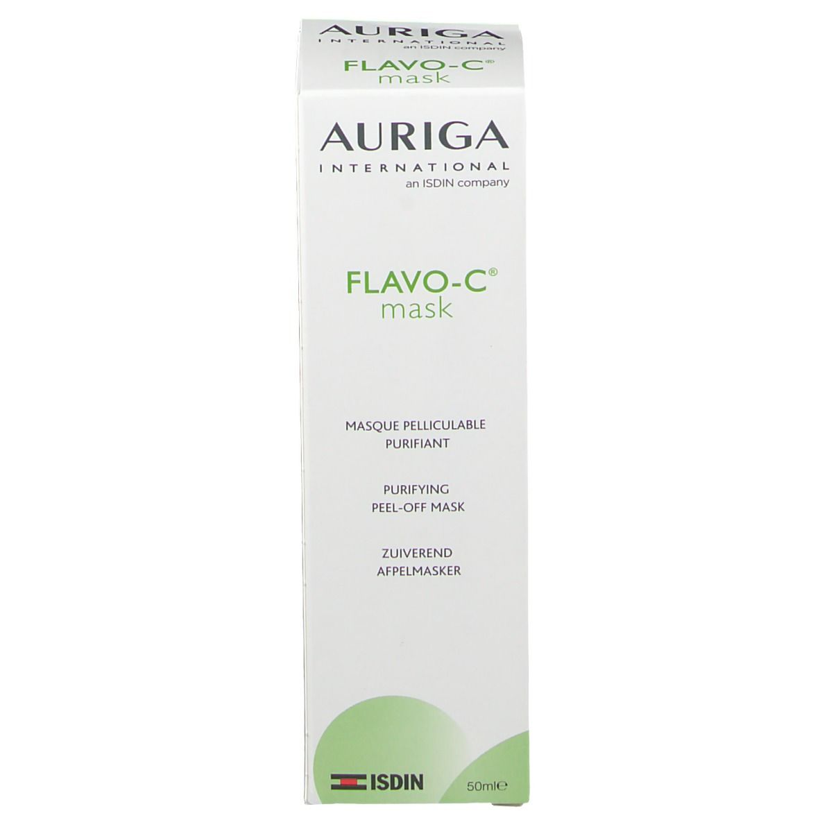 Kartonverpackung mit FLAVO-C® Mask von Auriga International. Text: Masque pelliculable purifiant, Purifying peel-off mask.