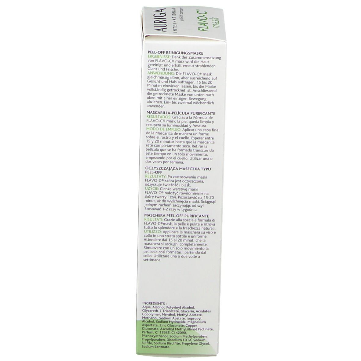 Seitenansicht der Kartonverpackung mit Text in mehreren Sprachen. Text: Peel-off reinigingsmasker, Mascarilla peel-off purificante.