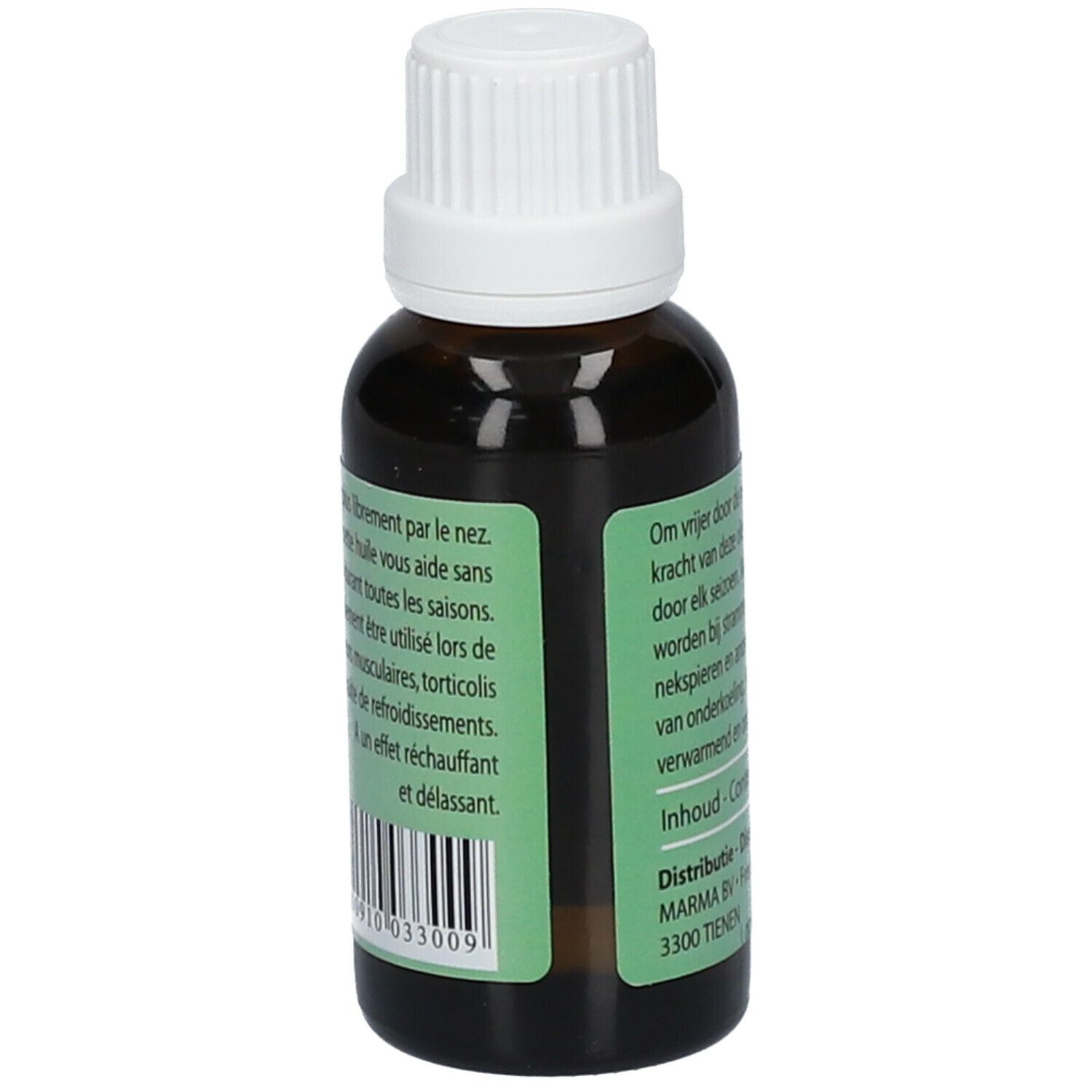 Rückseite einer braunen Glasflasche mit weißem Verschluss. Etikett mit Text in Französisch und Barcode.