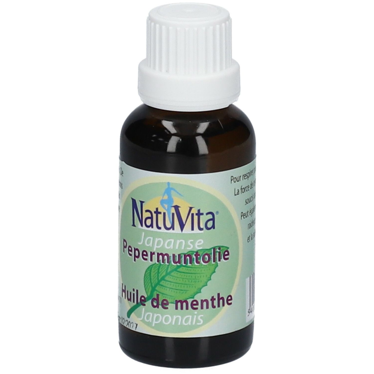 Braune Glasflasche mit weißem Verschluss. Etikett mit Natuvita, japanischem Pfefferminzöl und grünen Blättern.