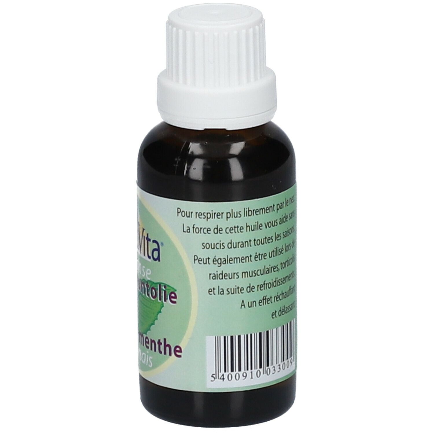 Braune Glasflasche mit weißem Verschluss. Etikett mit Natuvita, japanischem Pfefferminzöl und grünen Blättern.