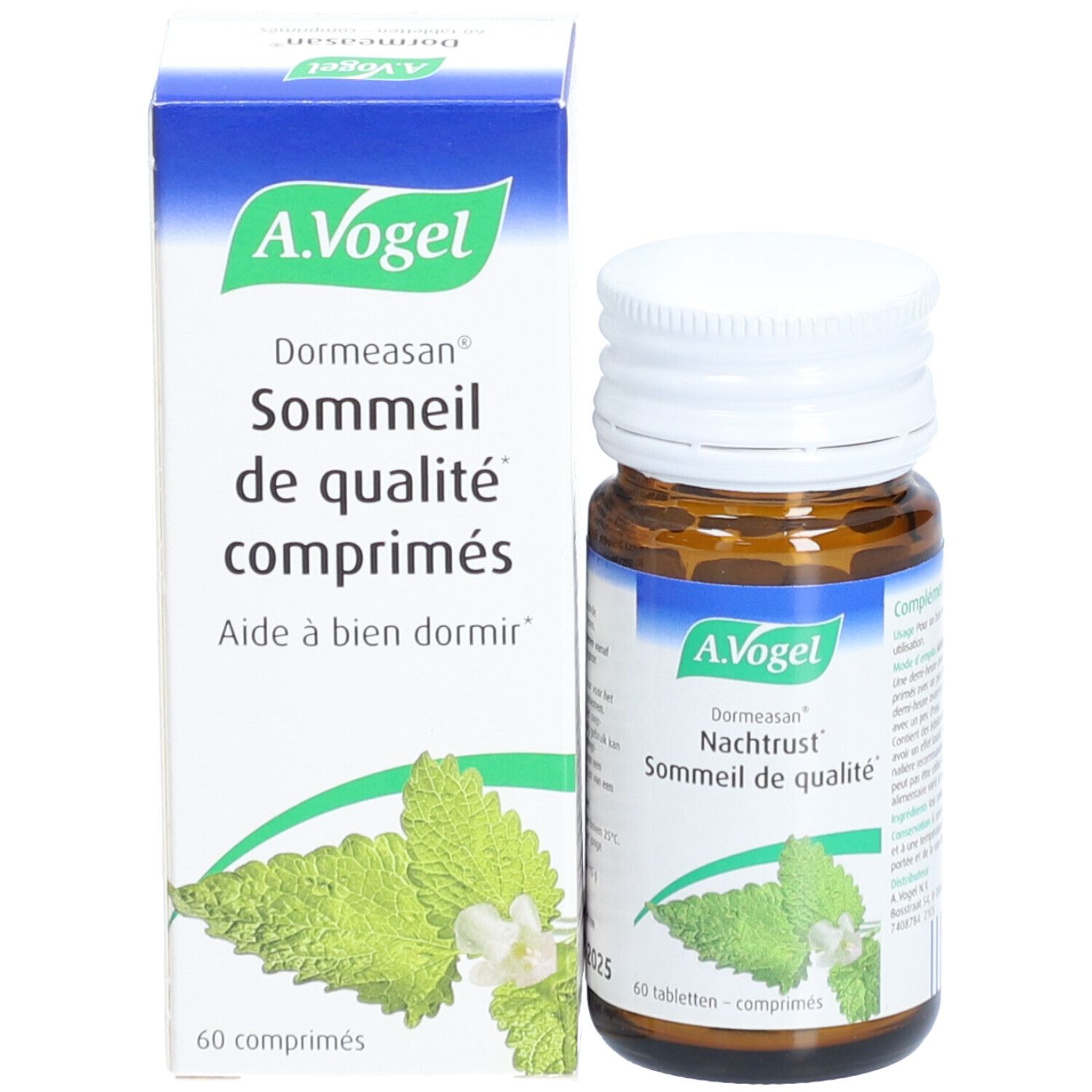 Flacon et boîte A.Vogel Dormeasan. Boîte avec texte et illustration de menthe. 60 comprimés.