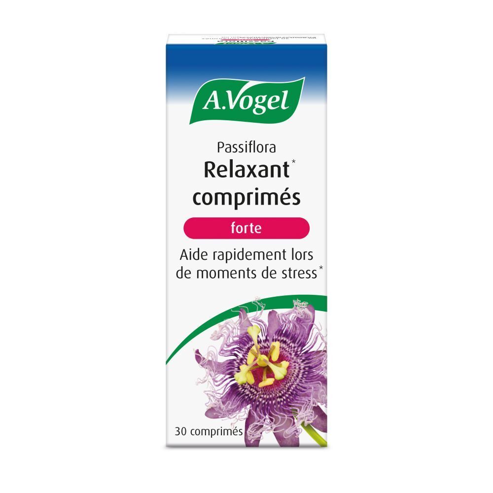 Boîte blanche avec nom et logo. 30 comprimés. Illustration de fleur violette.
