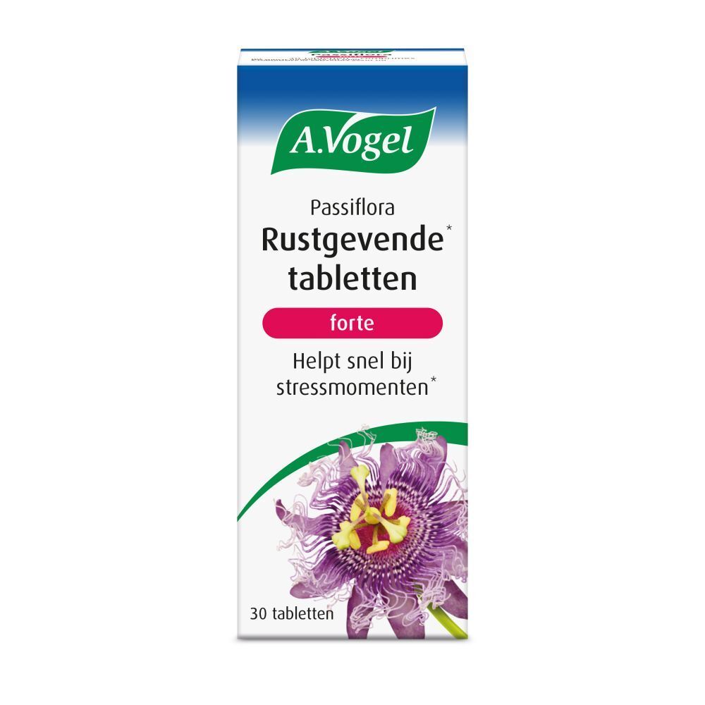 Witte doos met productnaam en logo. 30 tabletten. Paarse bloemafbeelding.