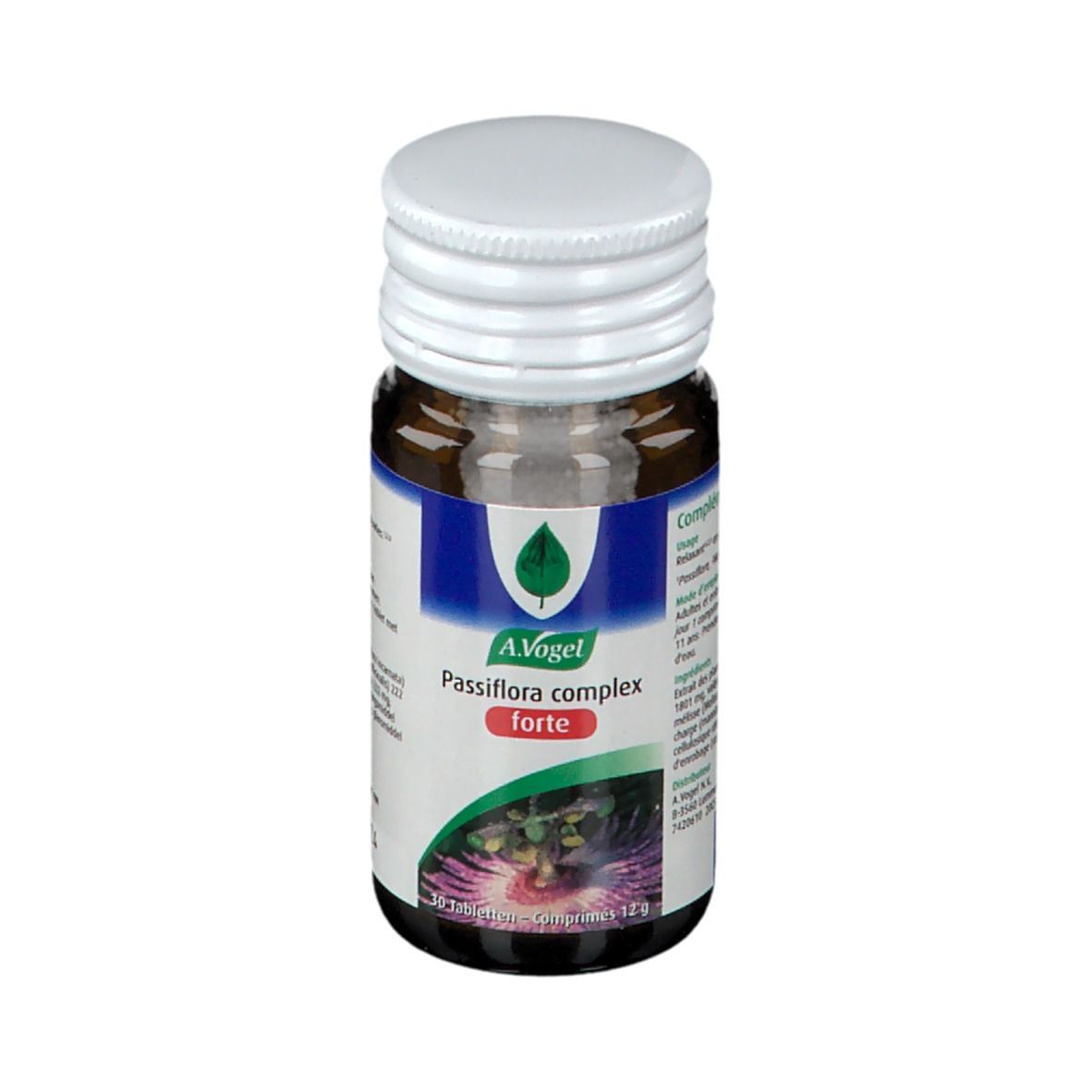 Bruine glazen fles met witte dop. Etiket met productnaam en logo. Bevat tabletten.