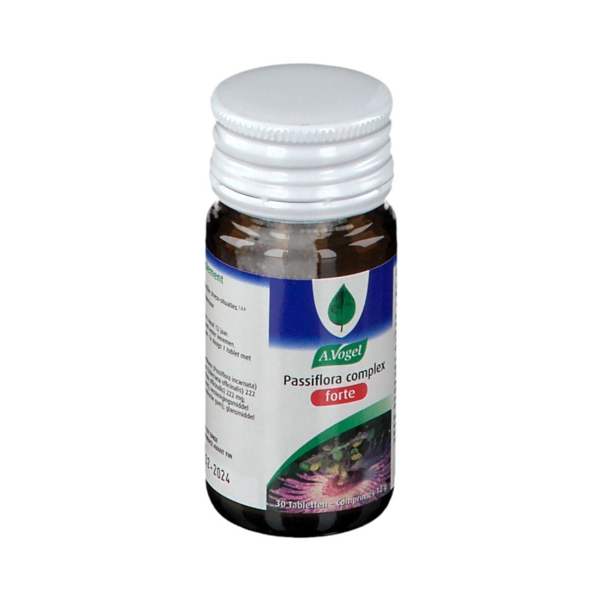 Bruine glazen fles met witte dop. Etiket met naam en logo. Tabletten.