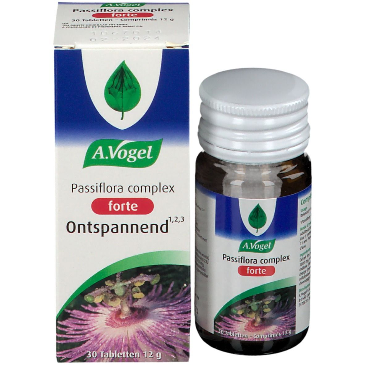Productfles en doos. Doos met naam en logo. Fles met tabletten.