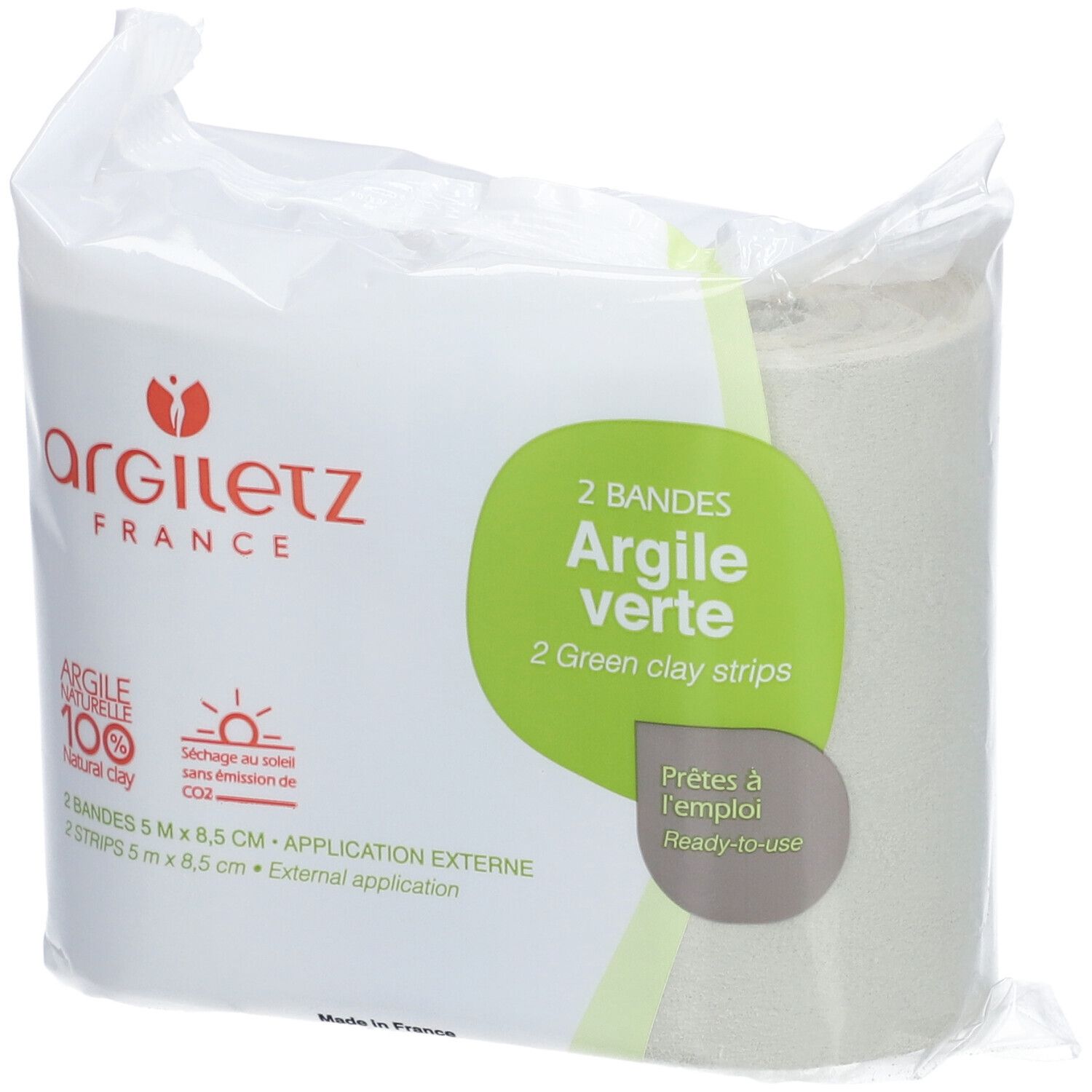 Emballage de deux bandes Argile Verte Argiletz. Inscriptions: Argiletz, 2 Bandes Argile Verte, 5 m x 8,5 cm, application externe.