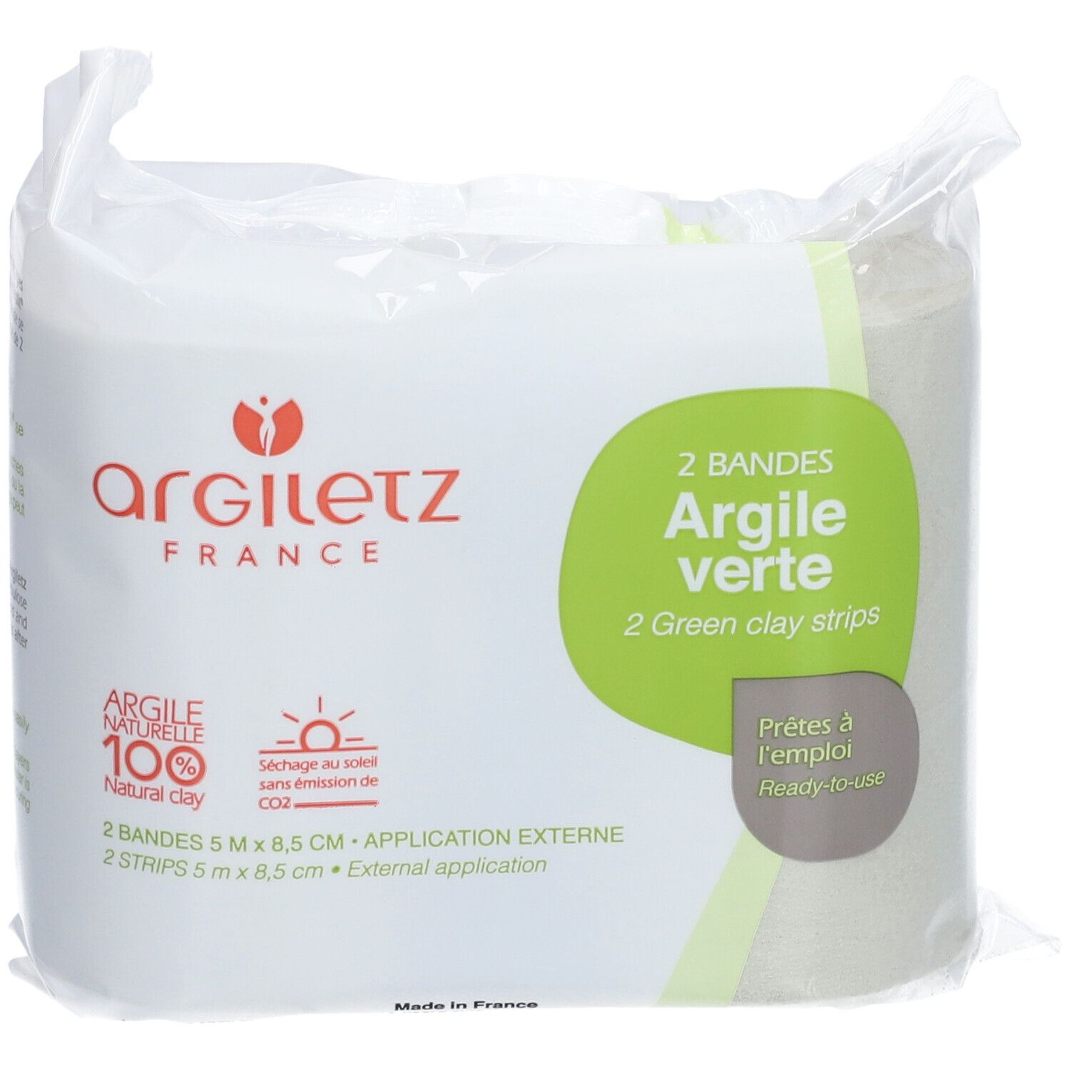 Emballage de deux bandes Argile Verte Argiletz. Inscriptions: Argiletz, 2 Bandes Argile Verte, 5 m x 8,5 cm, application externe.