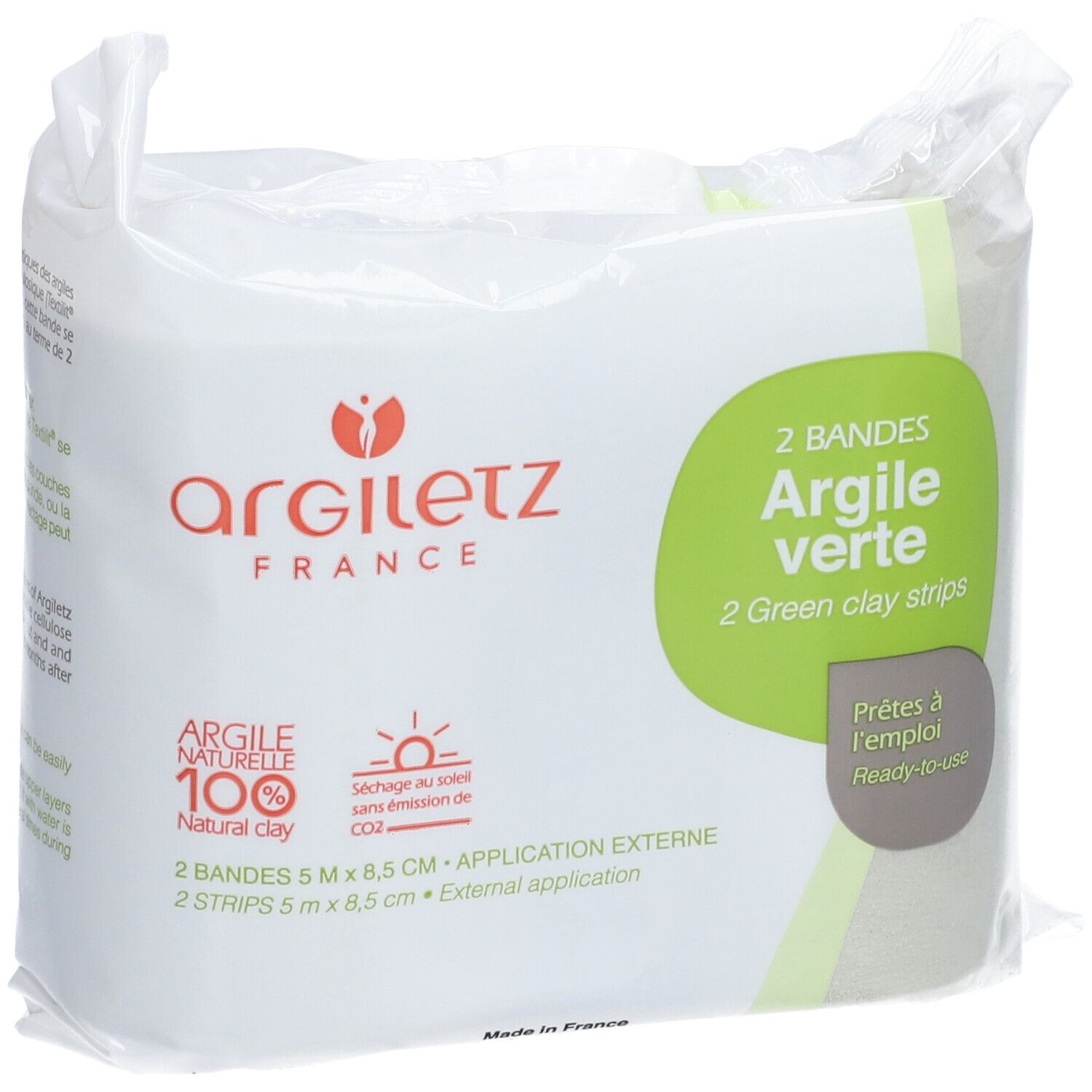 Emballage de deux bandes Argile Verte Argiletz. Inscriptions: Argiletz, 2 Bandes Argile Verte, 5 m x 8,5 cm, application externe.