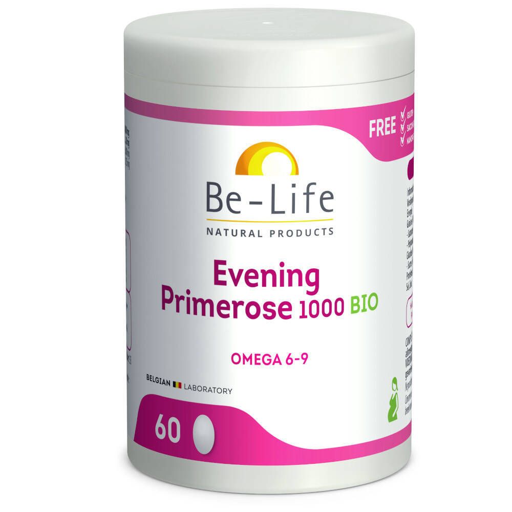 Cilindrische pot met roze etiket. Opschrift: Be-Life, Evening Primrose 1000 BIO, 60 capsules. Bevat Omega 6-9.