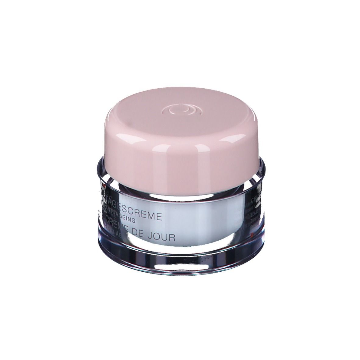 Crèmepot met roze deksel. Opschrift: Dagcrème, anti-aging, Crème de Jour.