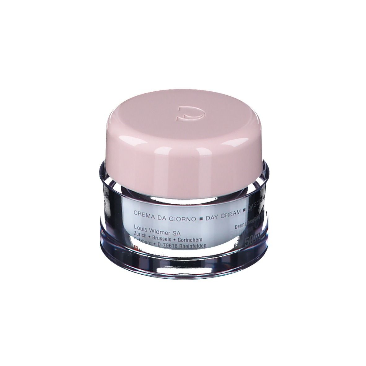 Crèmepot met roze deksel. Opschrift: Crema da giorno, Day Cream, Louis Widmer.