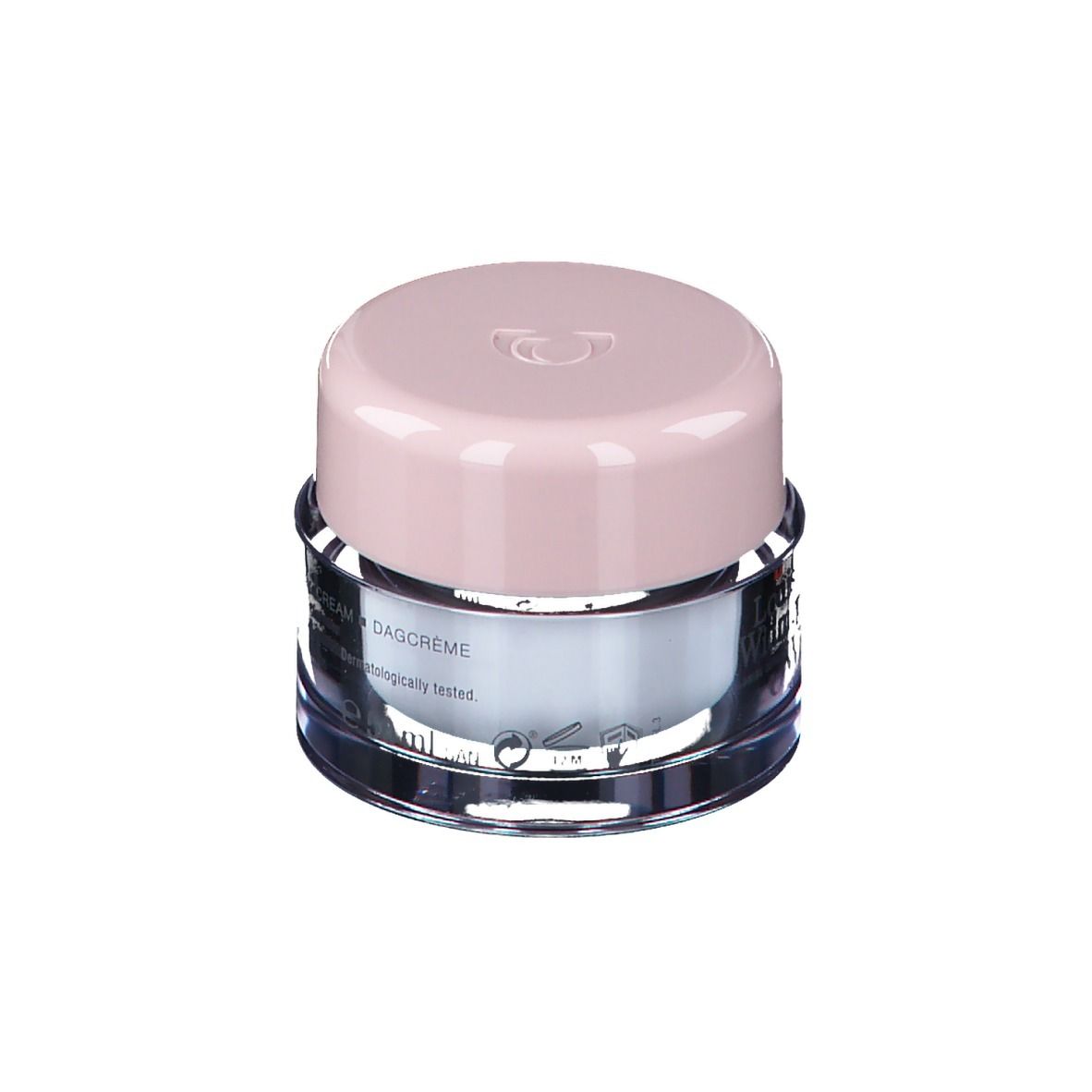 Crèmepot met roze deksel. Opschrift: Dagcrème, dermatologisch getest.