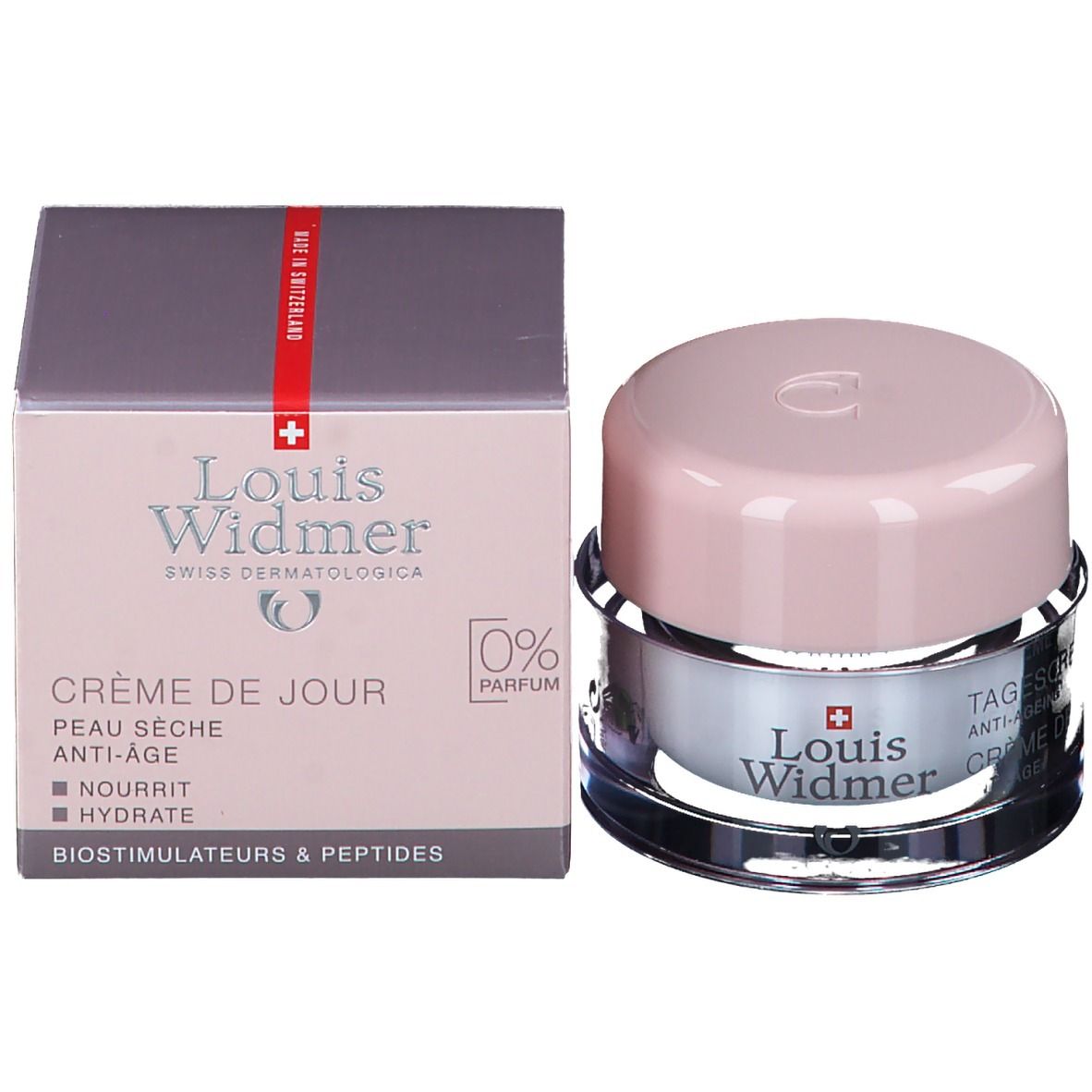 Crèmepot en doos. Opschrift: Crème de Jour, 0% Parfum, Louis Widmer, Zwitsers kruis.