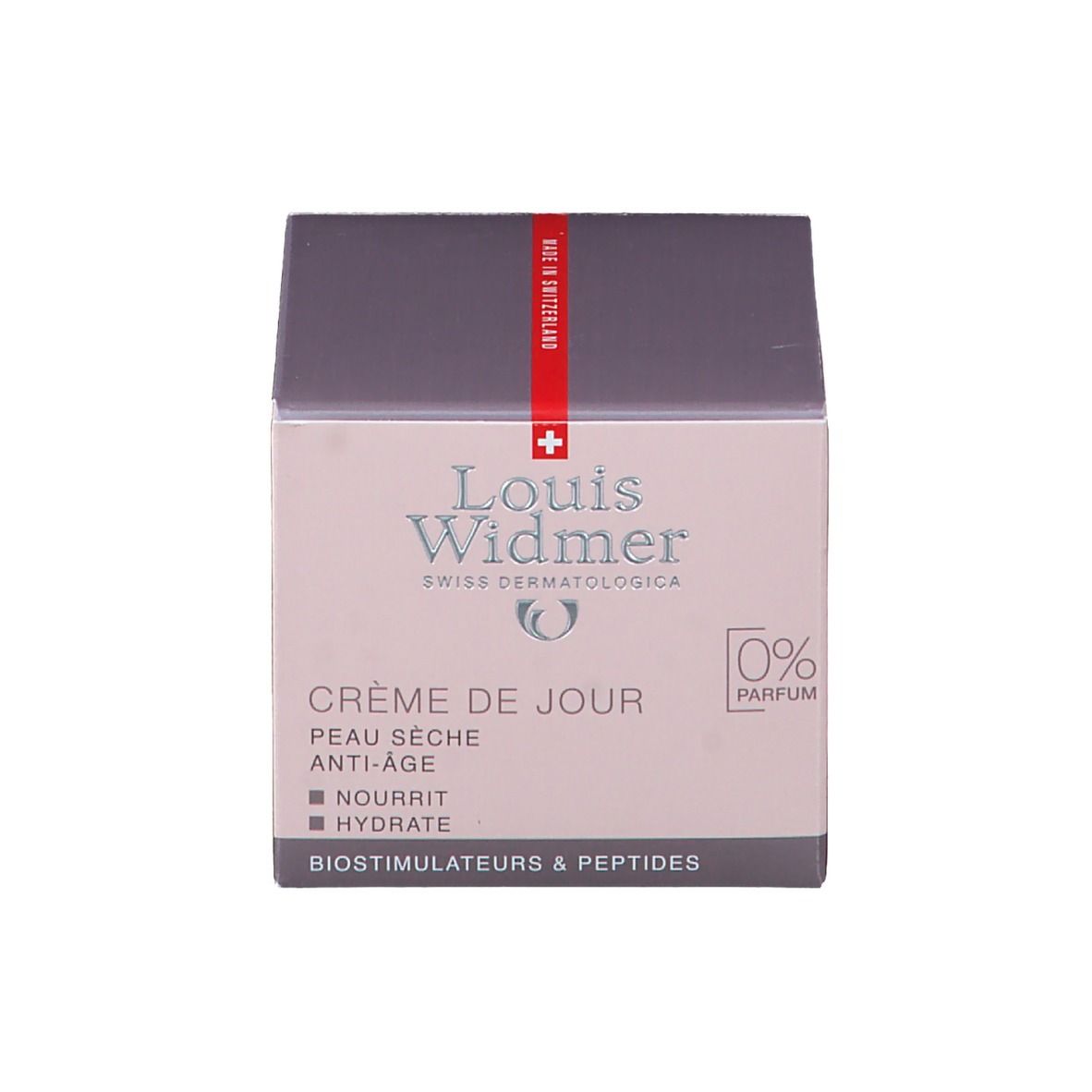 Doos. Opschrift: Crème de Jour, 0% Parfum, Louis Widmer, Zwitsers kruis.