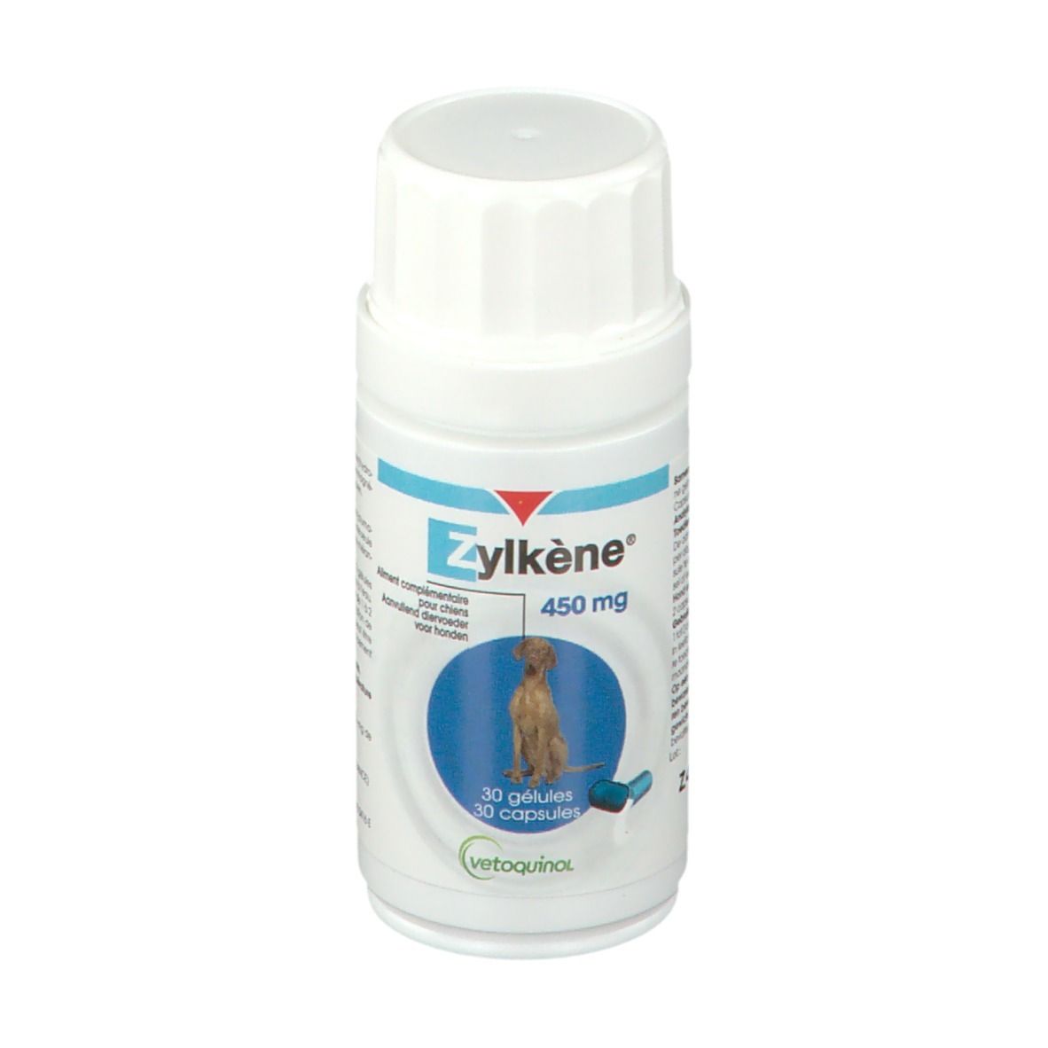 Flacon blanc Zylkène 450 mg. Étiquette bleue avec chien. 30 gélules. Vetquinol.