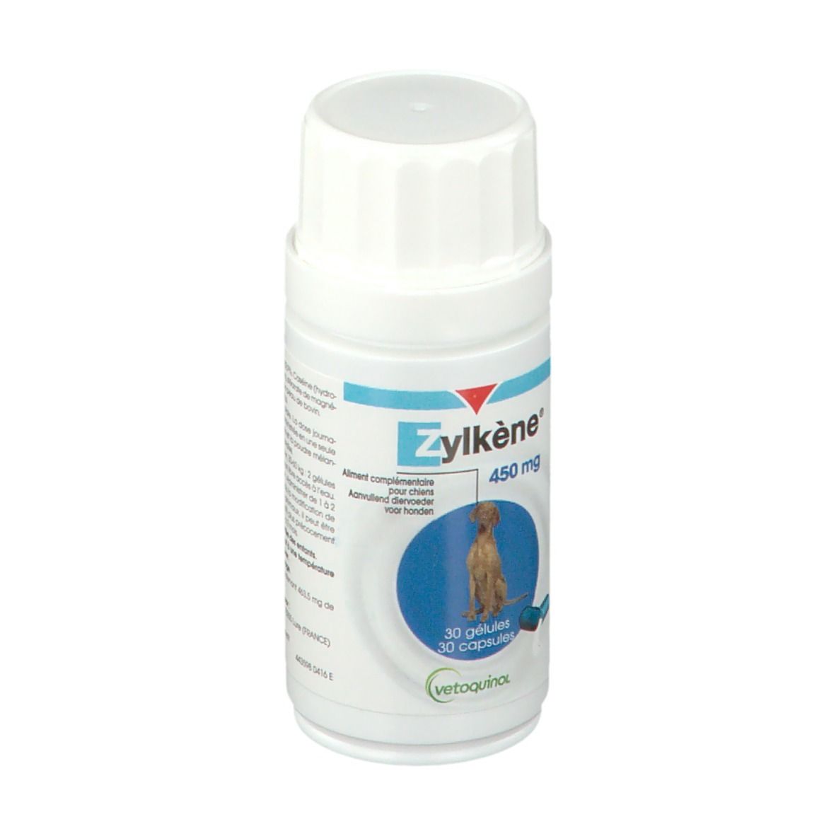 Flacon blanc Zylkène 450 mg. Étiquette bleue avec chien. 30 gélules. Vetquinol.