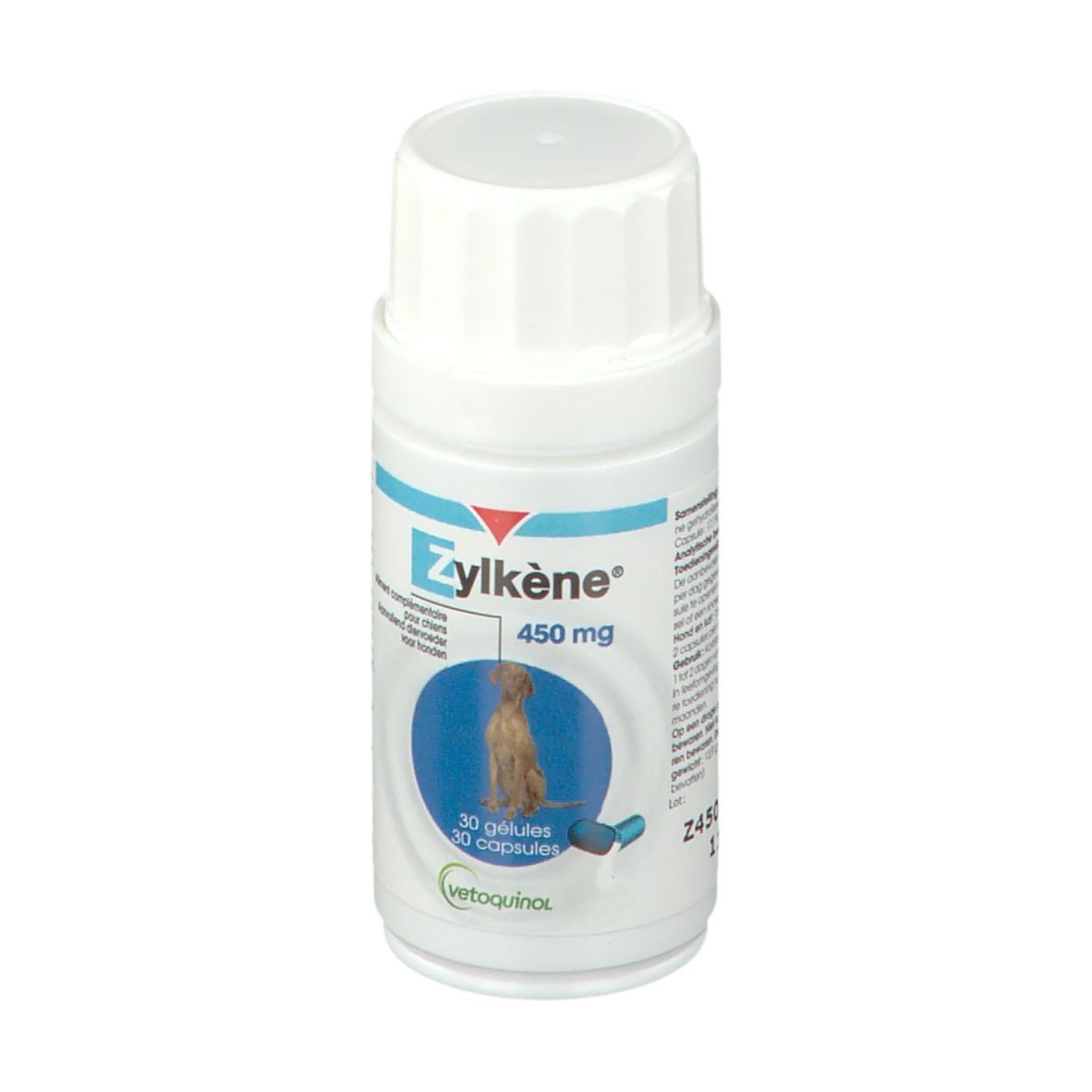 Flacon blanc Zylkène 450 mg. Étiquette bleue avec chien. 30 gélules. Vetquinol.