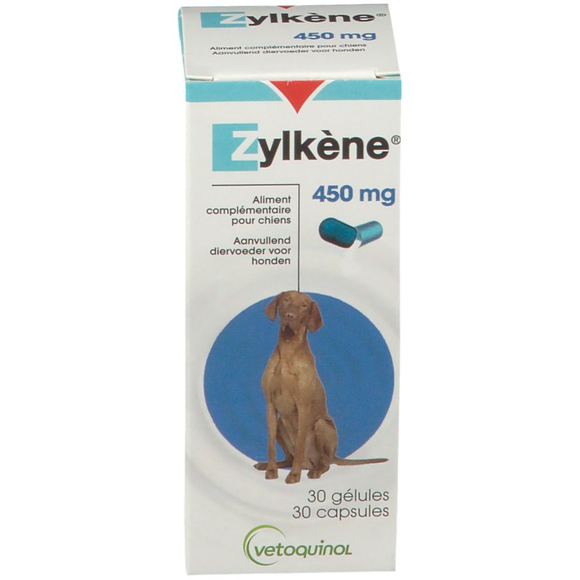 Boîte Zylkène 450 mg. Étiquette bleue avec chien. 30 gélules.