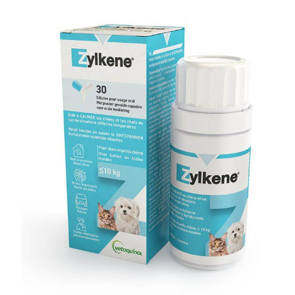 Boîte Zylkène®. Bleu, avec nom du produit et 30 gélules. Pour chiens et chats jusqu'à 10 kg.