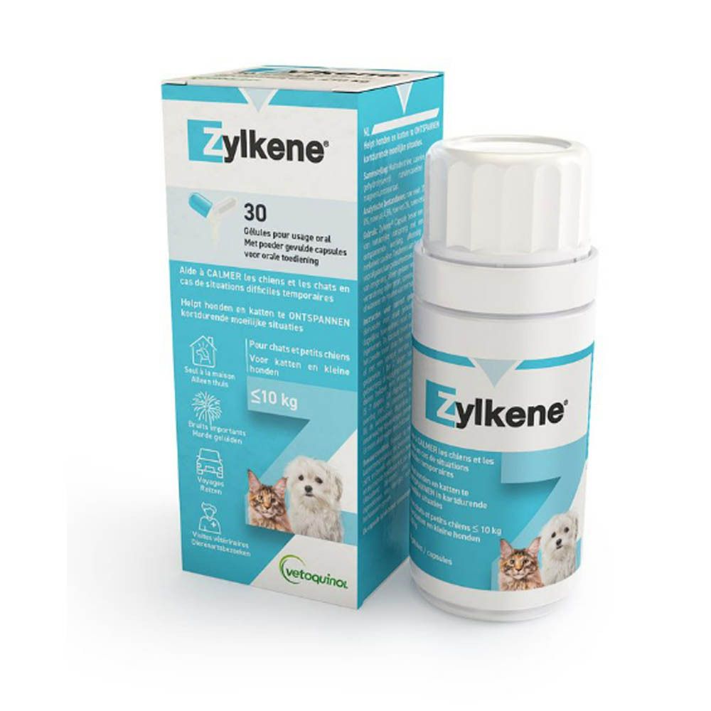 Zylkène®-verpakking. Blauwe doos met productnaam en 30 capsules. Voor honden en katten tot 10 kg.