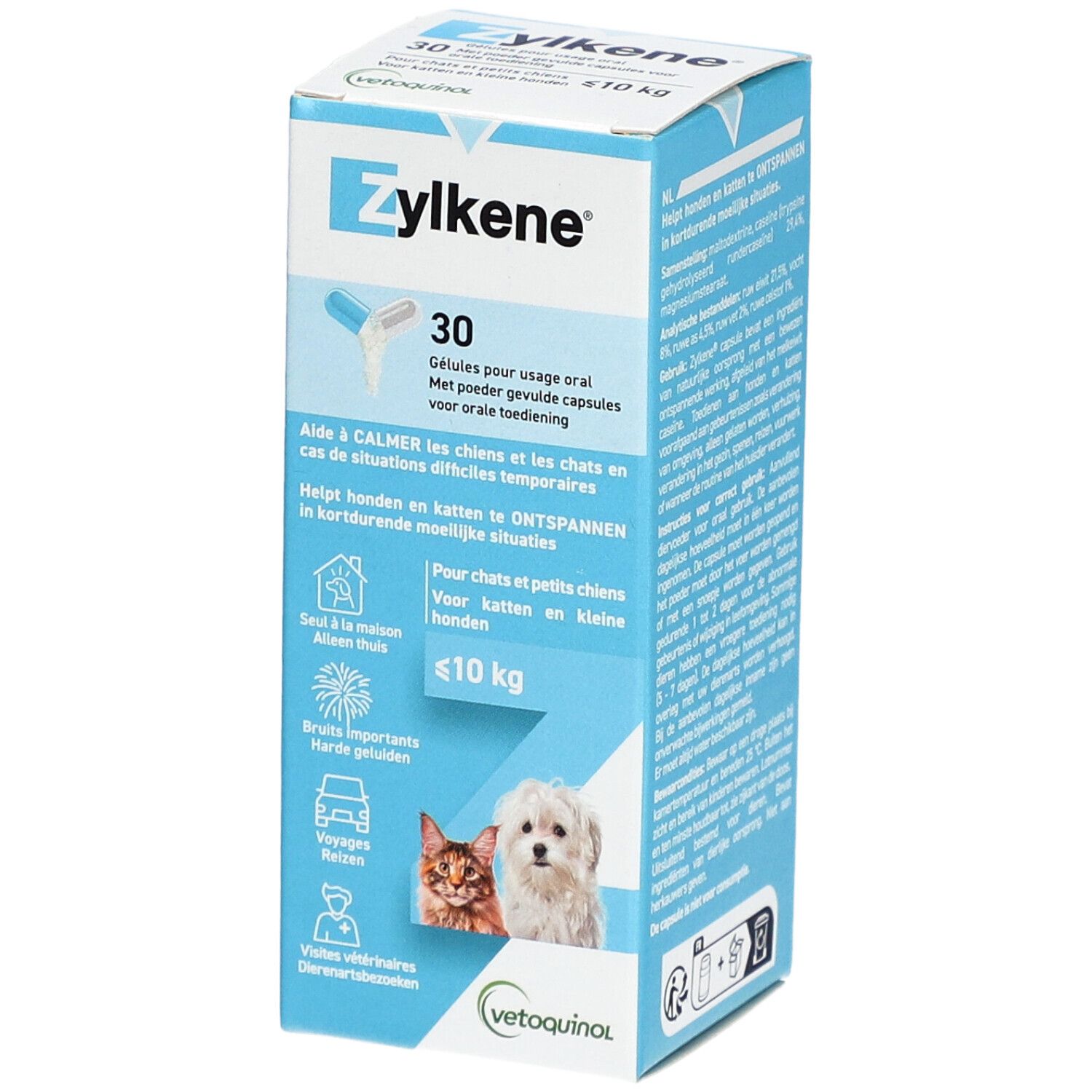 Zylkène®-Verpackung. Blaue Schachtel mit Produktnamen und 30 Kapseln. Für Hunde und Katzen bis 10 kg.