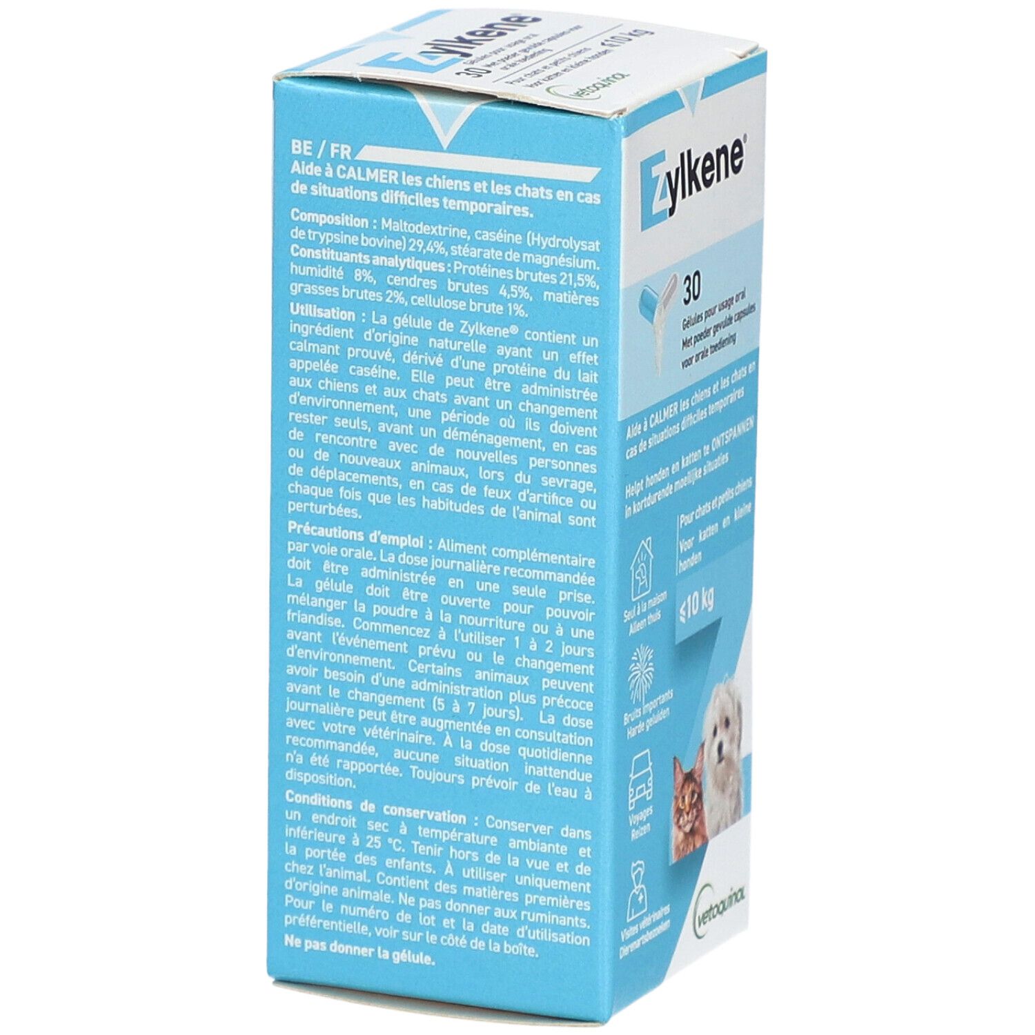 Zylkène®-Verpackung. Blaue Schachtel mit Produktinformationen. Enthält Inhaltsstoffe, Dosierung und Anwendung.