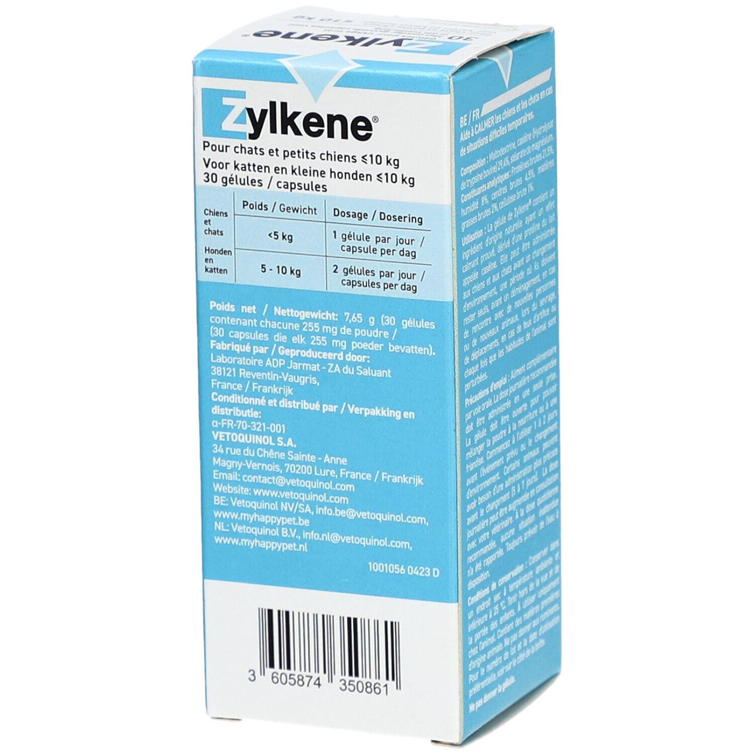 Zylkène®-Verpackung. Rückseite der blauen Schachtel mit Informationen. Dosierung, Inhaltsstoffe, Hersteller.