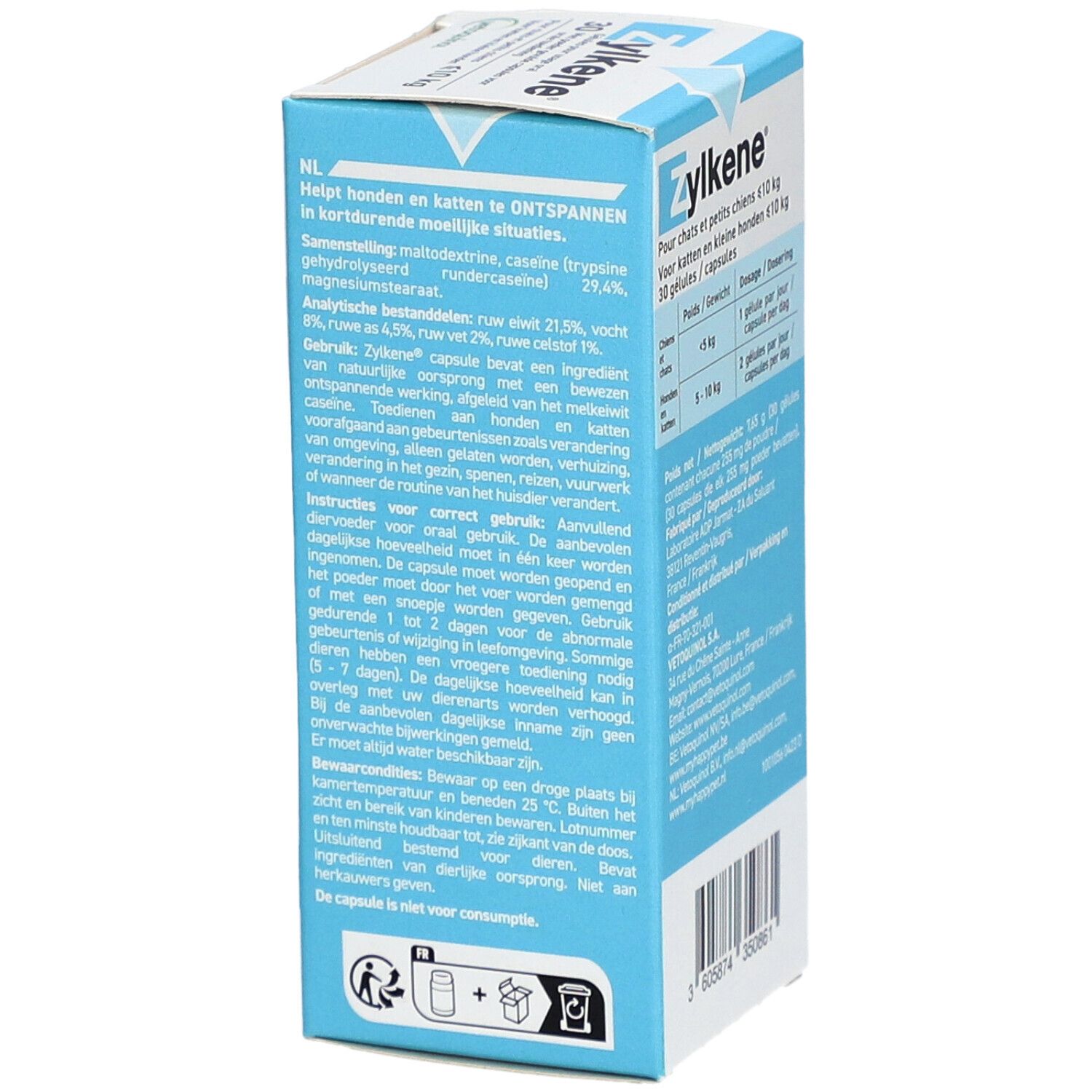 Zylkène®-Verpackung. Blaue Schachtel mit Produktinformationen. Enthält Inhaltsstoffe, Dosierung und Anwendung.