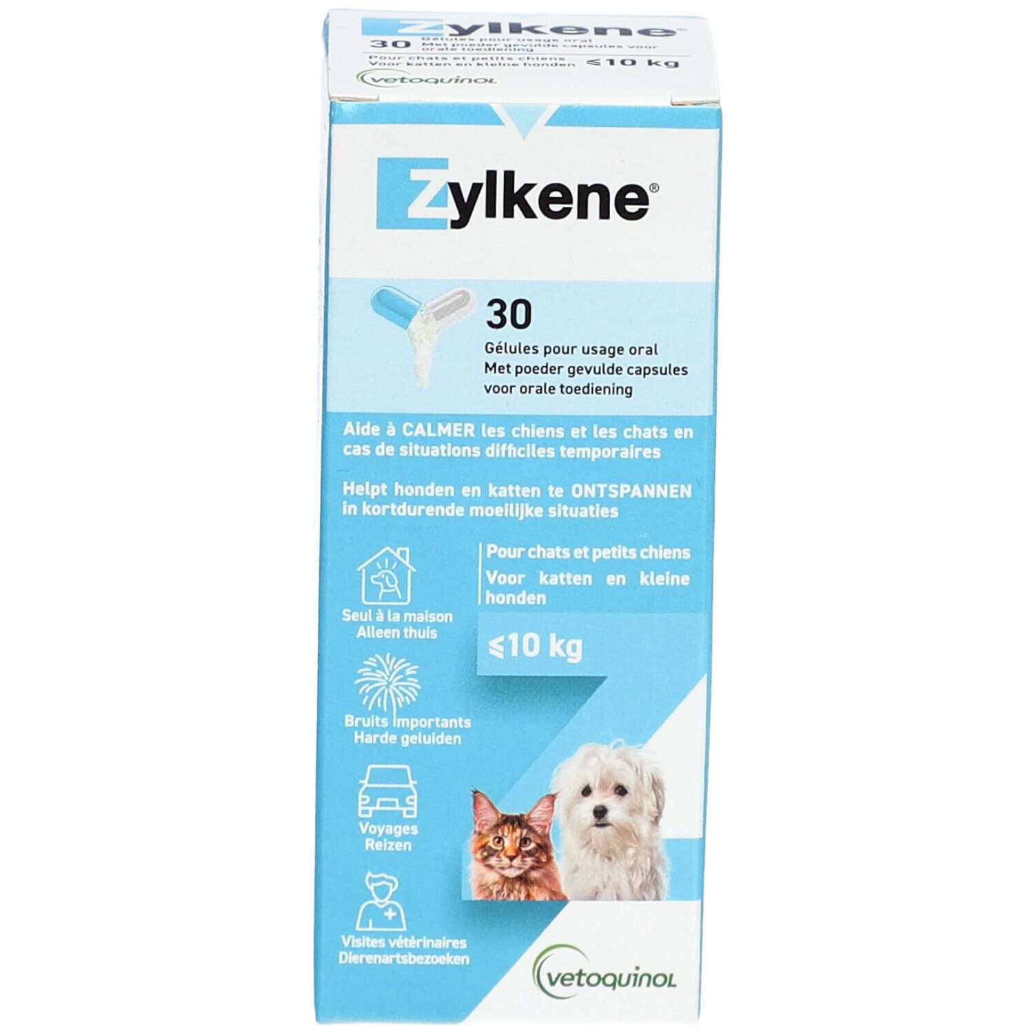 Zylkène®-Verpackung. Blaue Schachtel mit Produktnamen und 30 Kapseln. Für Hunde und Katzen bis 10 kg.