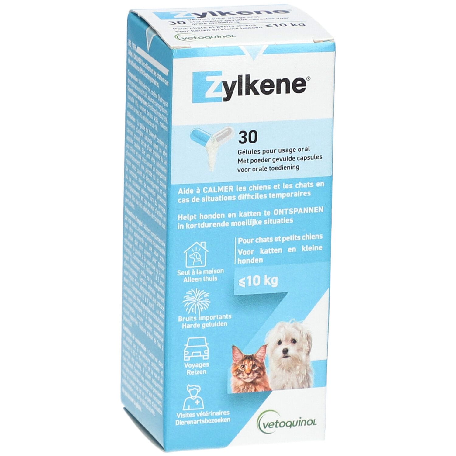 Zylkène®-Verpackung. Blaue Schachtel mit Produktnamen und 30 Kapseln. Für Hunde und Katzen bis 10 kg.