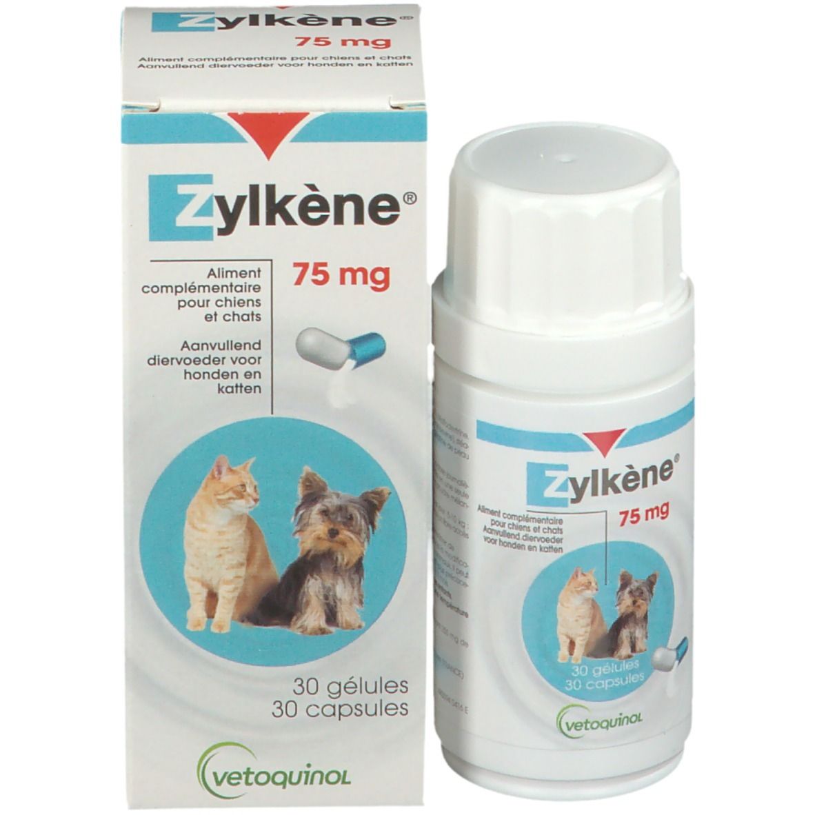 Zylkène® 75 mg. Verpackung mit Schachtel und Flasche. 30 Kapseln. Für Hunde und Katzen.