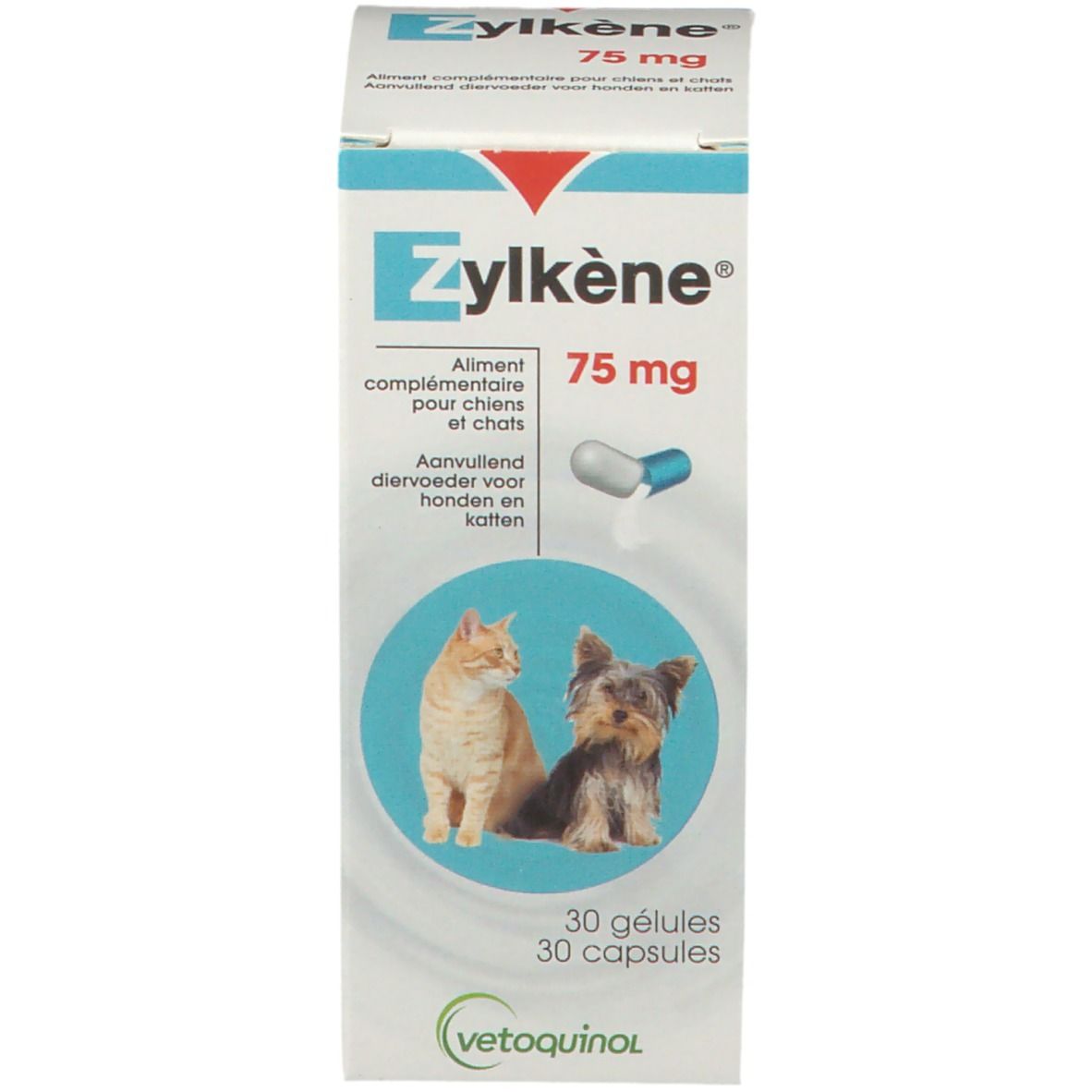 Zylkène® 75 mg. Verpackung mit Schachtel. 30 Kapseln. Für Hunde und Katzen.