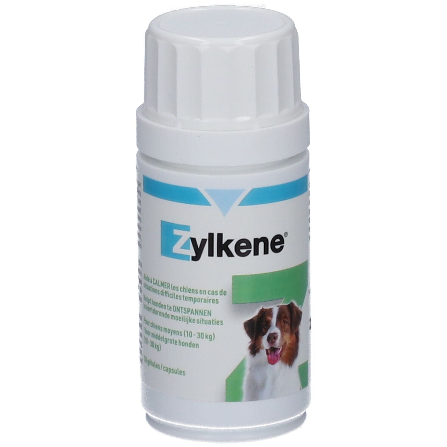 Flacon blanc avec texte bleu et vert. Inscription Zylkène. Image d'un chien. 30 gélules.