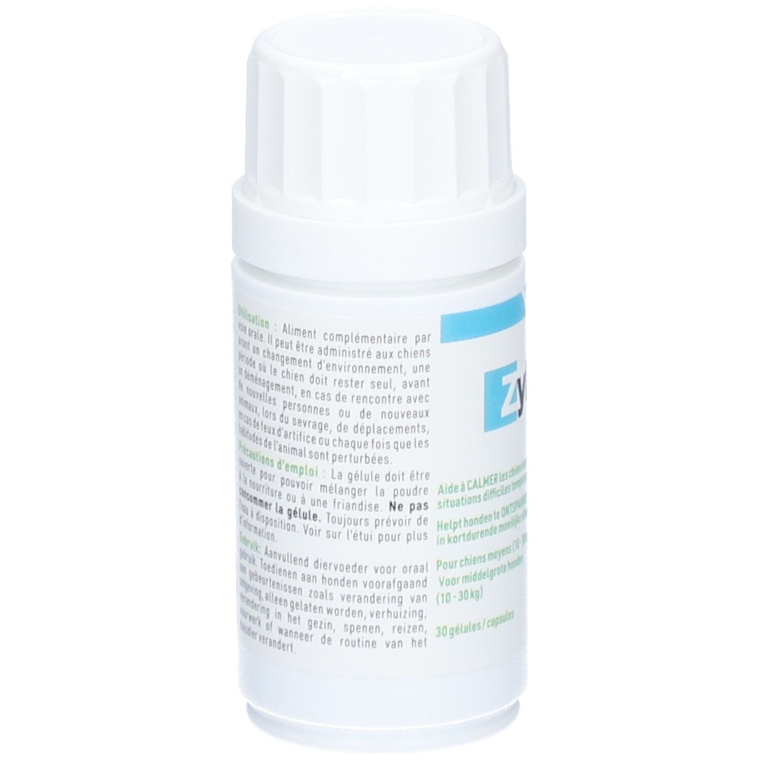 Flacon blanc avec texte. Texte en plusieurs langues. 30 gélules/capsules.