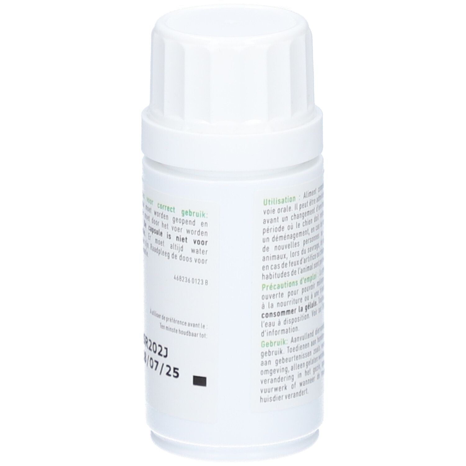 Flacon blanc avec texte. Texte en plusieurs langues. Impression avec date.