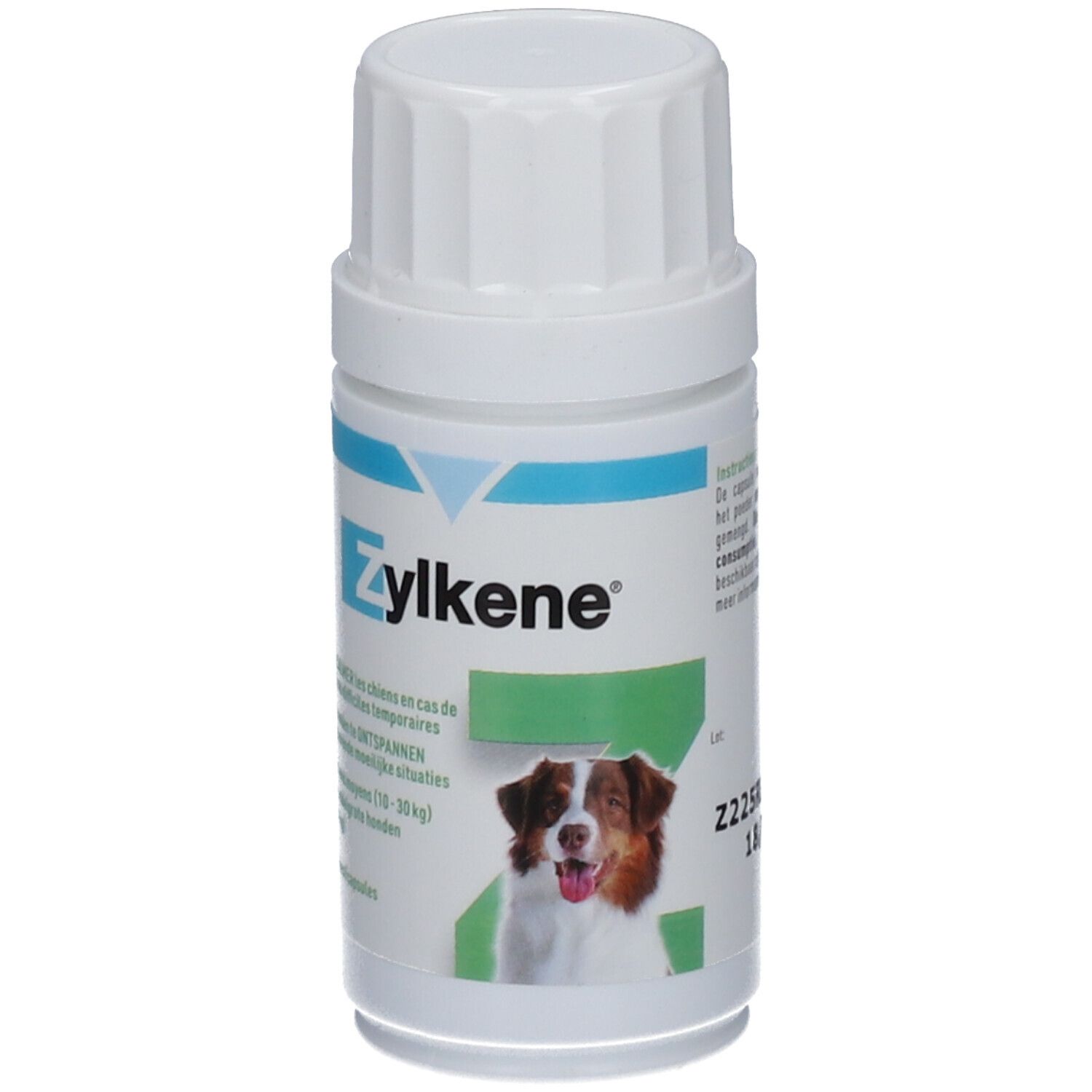 Flacon blanc avec texte bleu et vert. Inscription Zylkène. Image d'un chien. 30 gélules.