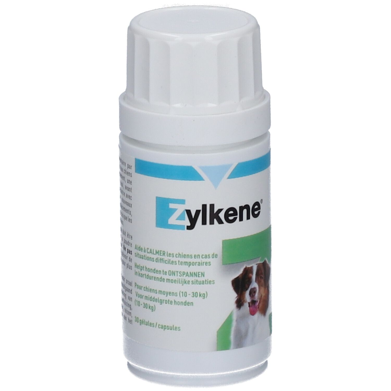 Flacon blanc avec texte bleu et vert. Inscription Zylkène. Image d'un chien. 30 gélules.