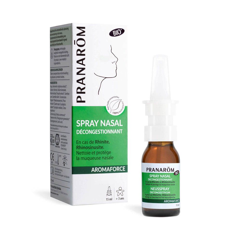 Productverpakking met neusspray en fles. Merk Pranarôm, tekst en logo. Groen-wit ontwerp.