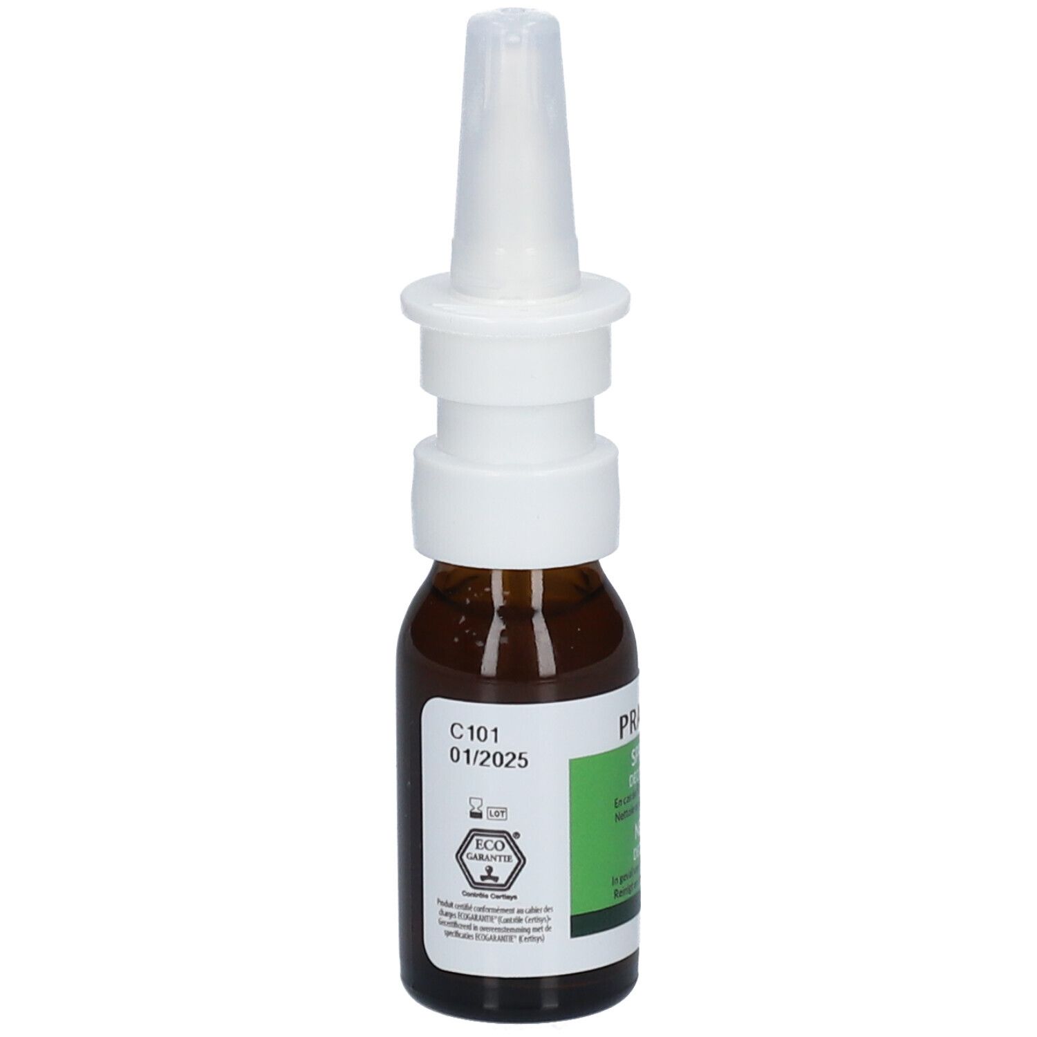 Bruine glazen fles met neusspray. Groen-wit etiket met tekst en code. Merk Pranarôm.