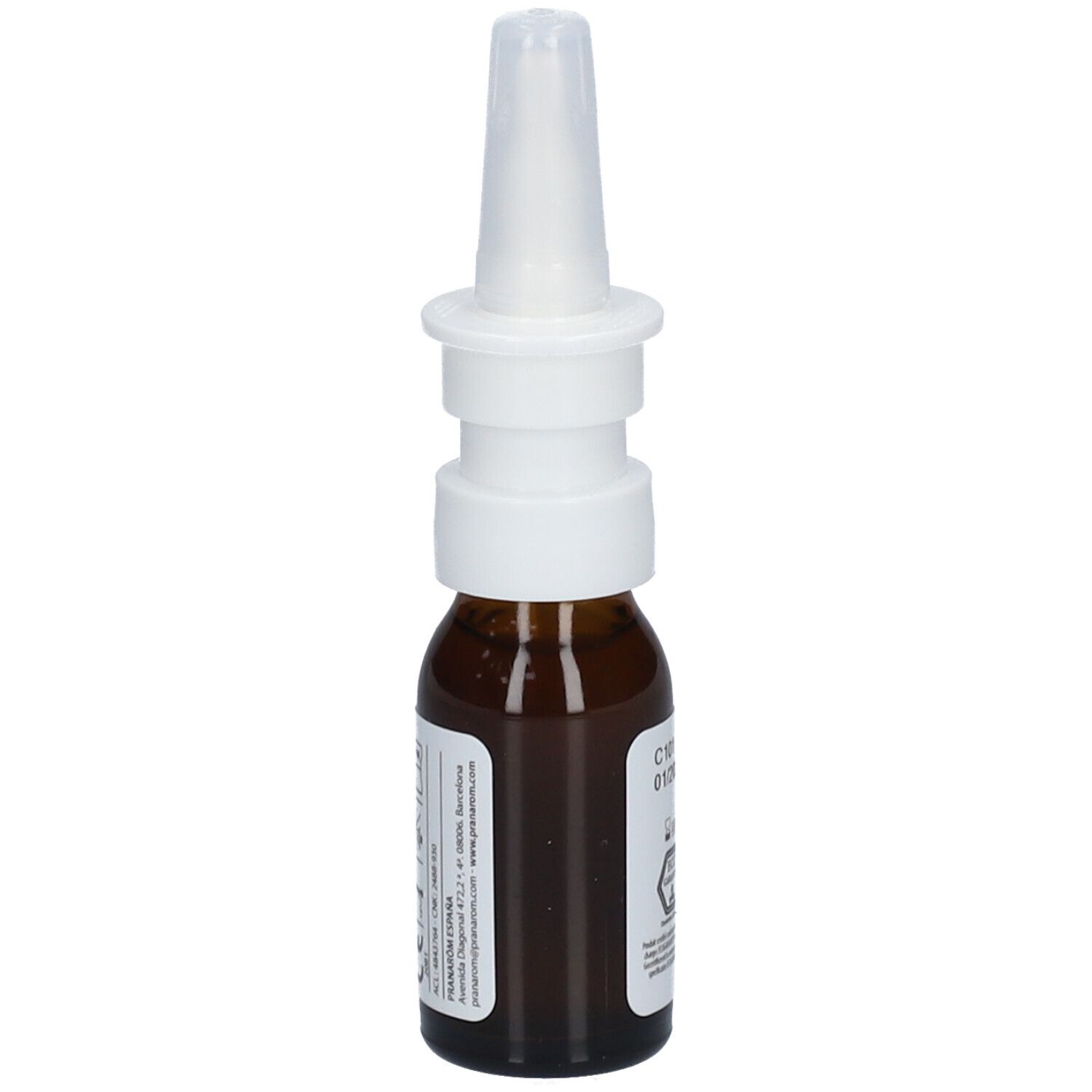 Bruine glazen fles met neusspray. Groen-wit etiket met tekst. Merk Pranarôm.