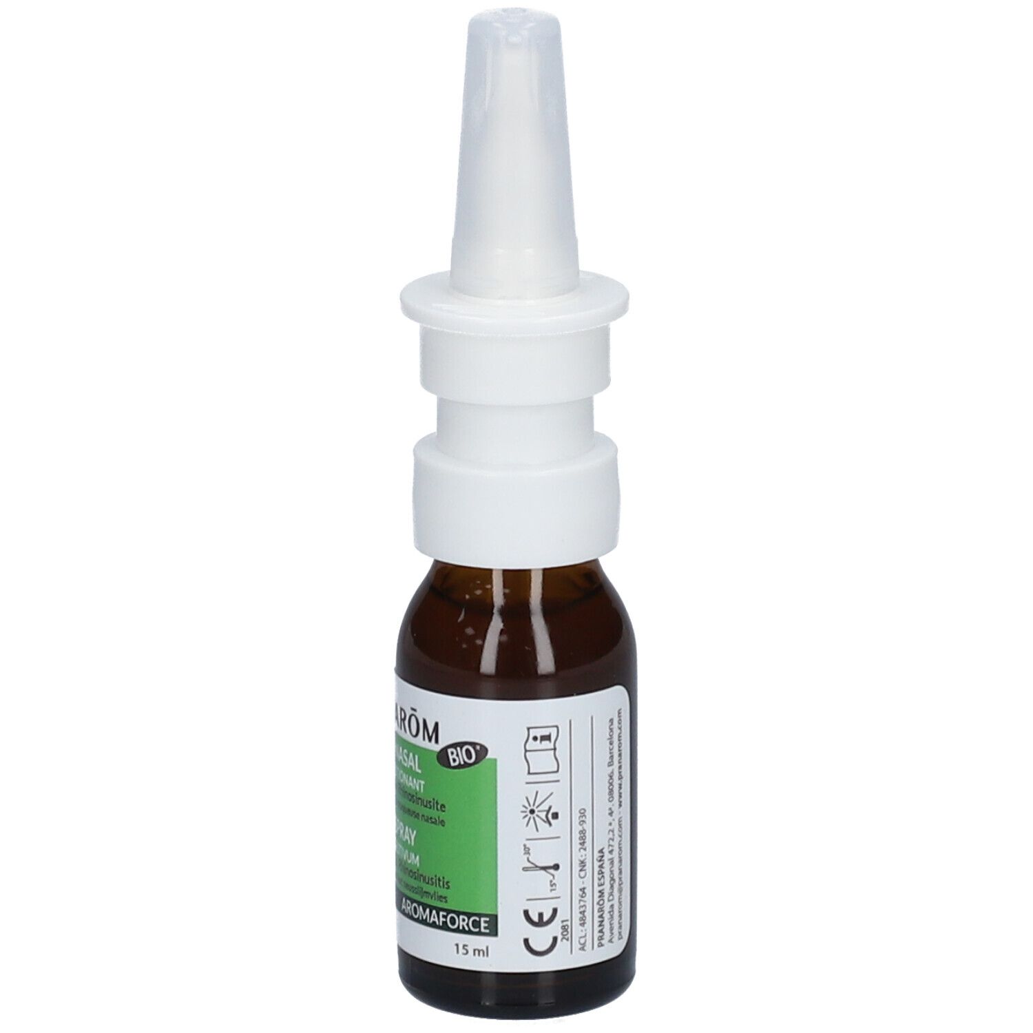 Bruine glazen fles met neusspray. Groen-wit etiket met tekst. Merk Pranarôm, 15 ml.