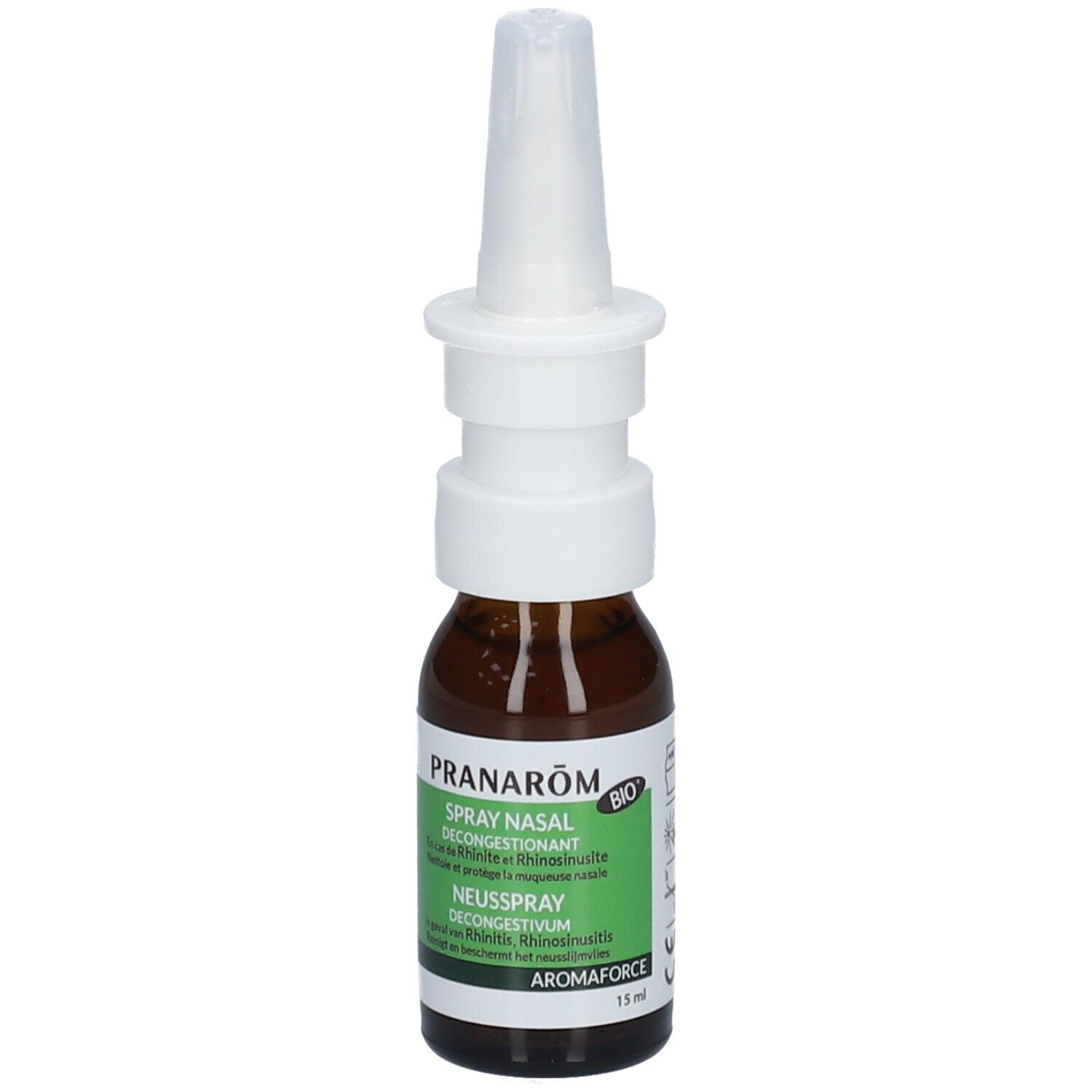 Bruine glazen fles met neusspray. Groen-wit etiket met tekst. Merk Pranarôm, 15 ml.