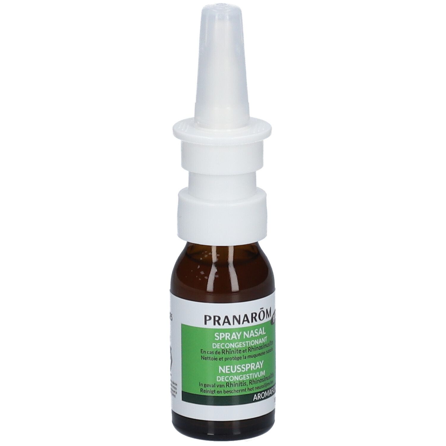 Bruine glazen fles met neusspray. Groen-wit etiket met tekst. Merk Pranarôm, 15 ml.