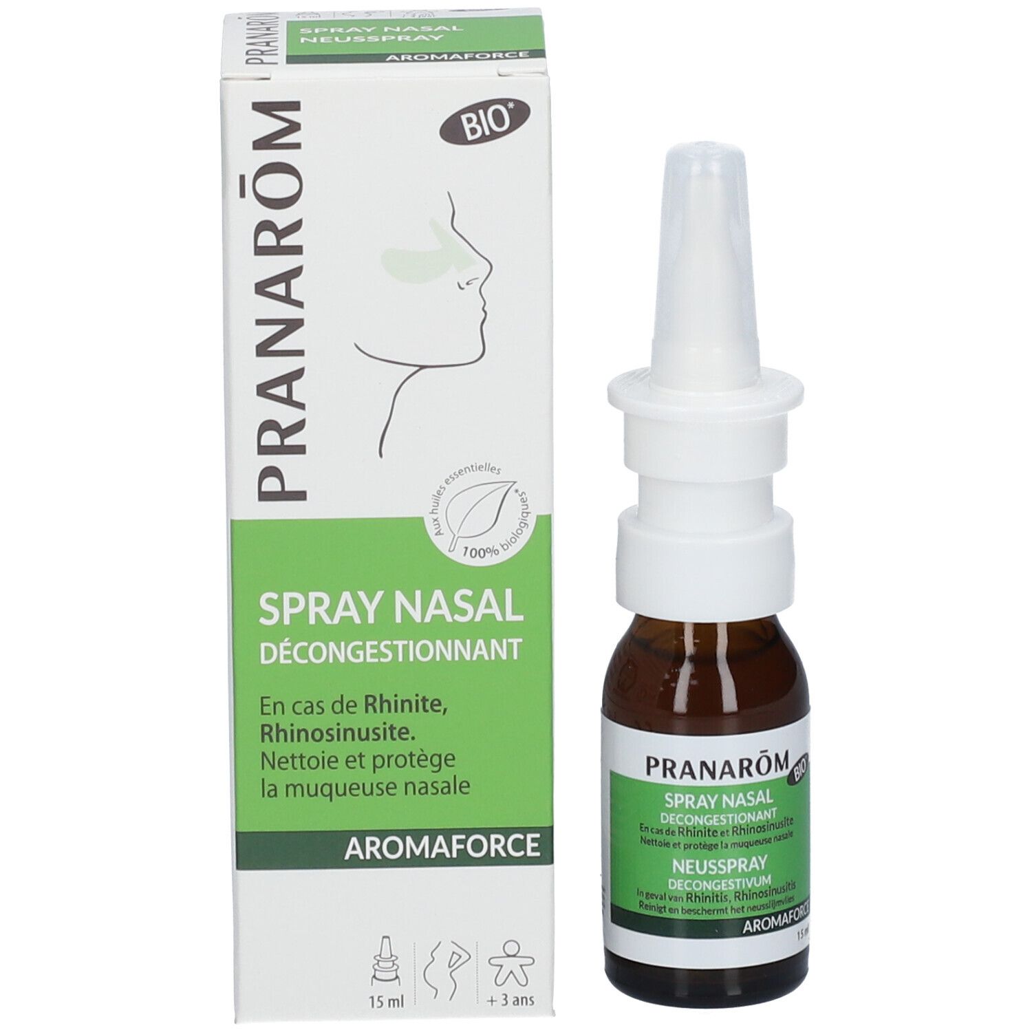 Productverpakking met neusspray en fles. Merk Pranarôm, tekst en logo. Groen-wit ontwerp.