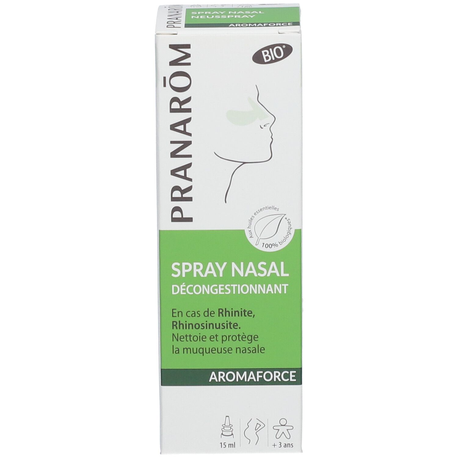 Productverpakking met neusspray en fles. Merk Pranarôm, tekst en logo. Groen-wit ontwerp.