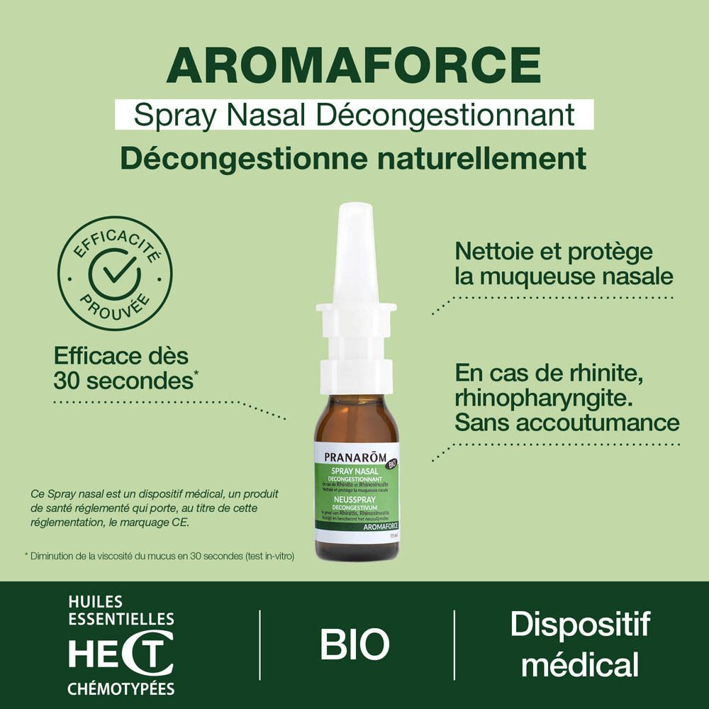 Panneau publicitaire avec spray nasal et texte. Marque Pranarôm, texte et logo. Design vert et blanc.